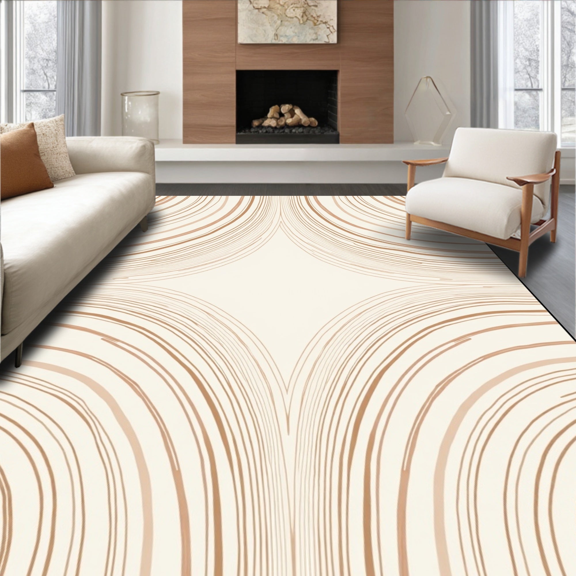 Cream And Brown Abstract Curve Pattern Rug