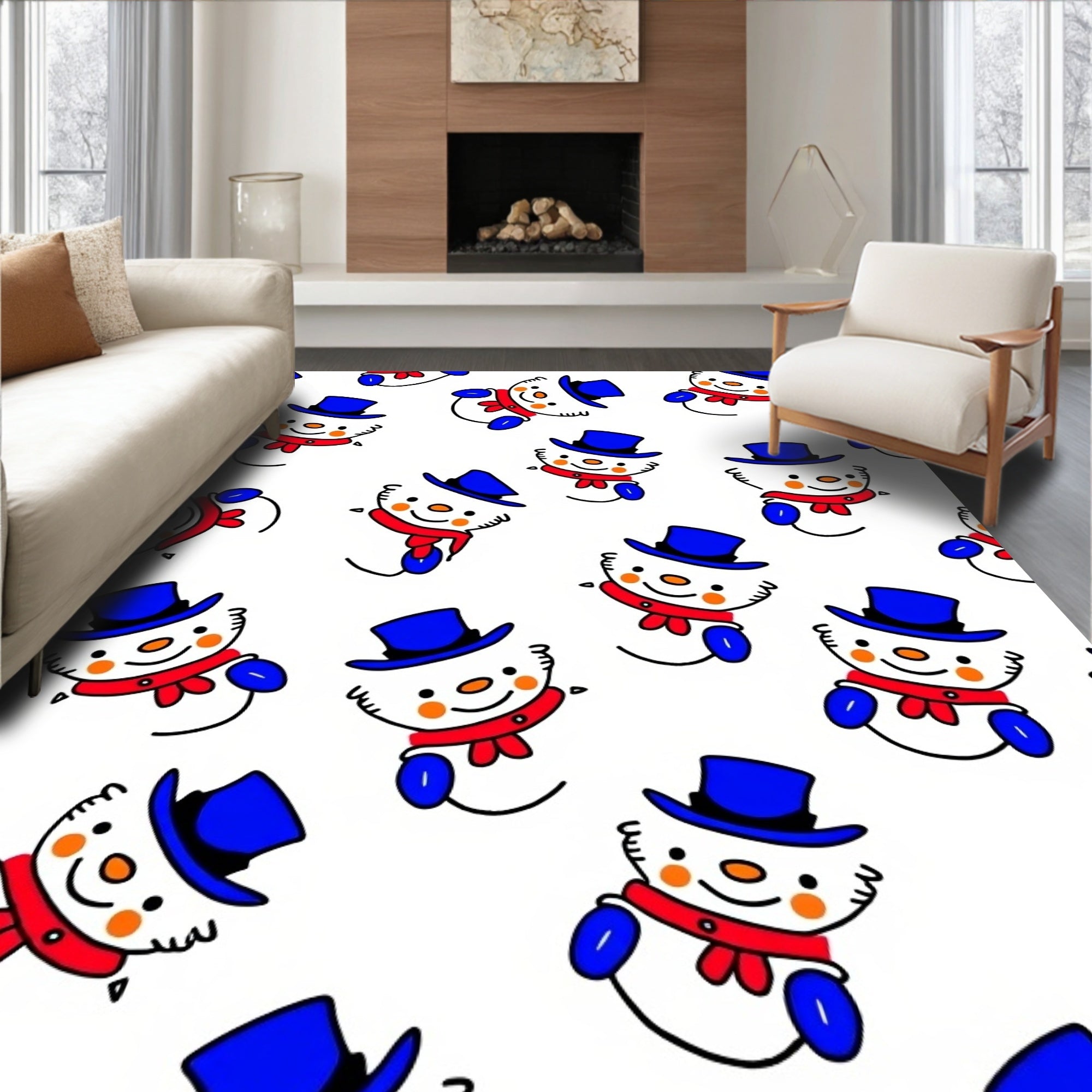 Cheerful Blue Top Hat Snowman Repeat Rug