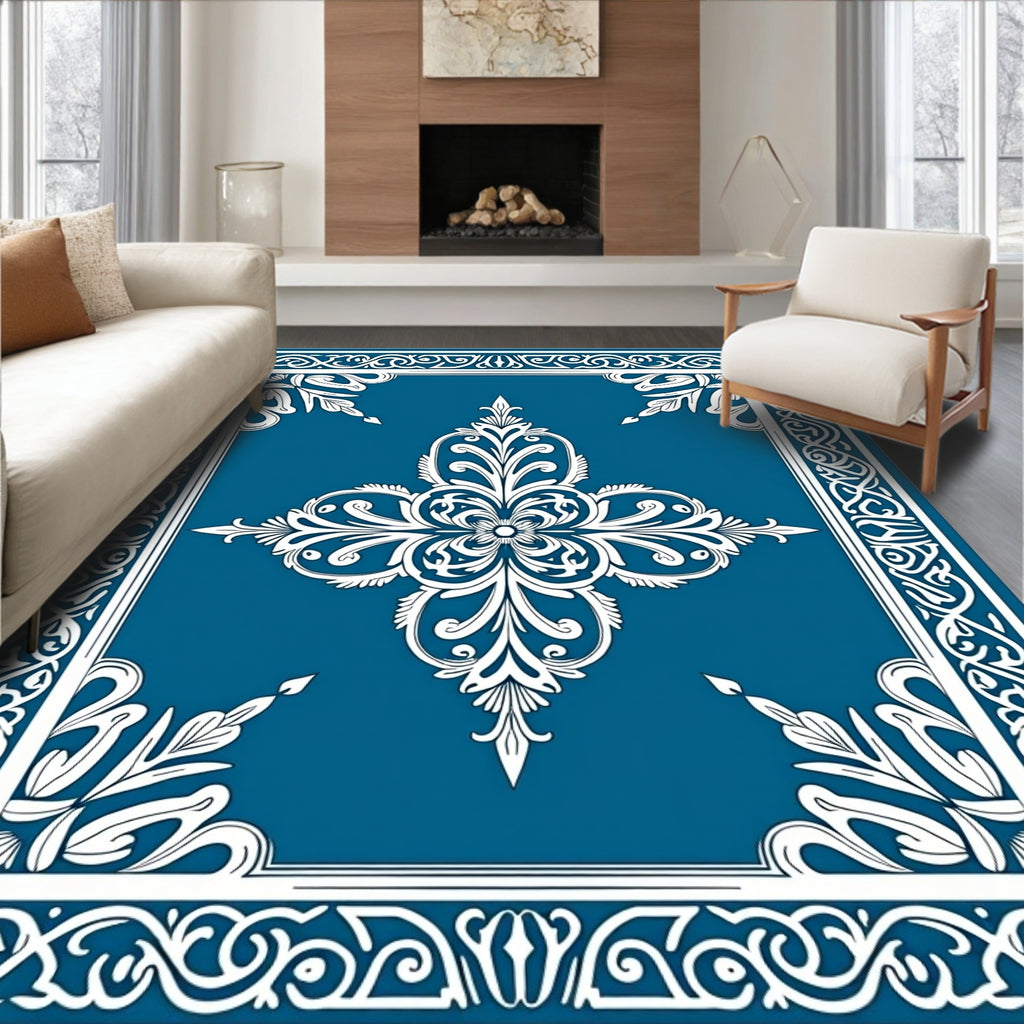Ornate White Floral Blue Medallion Rug