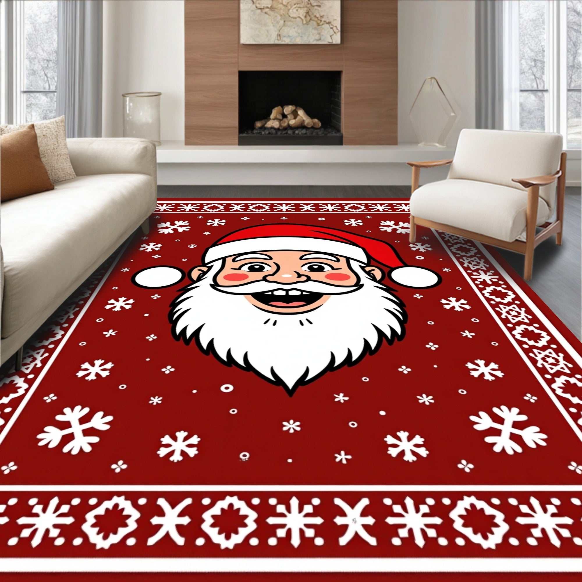 Festive Red Santa Claus Snowflake Border Rug