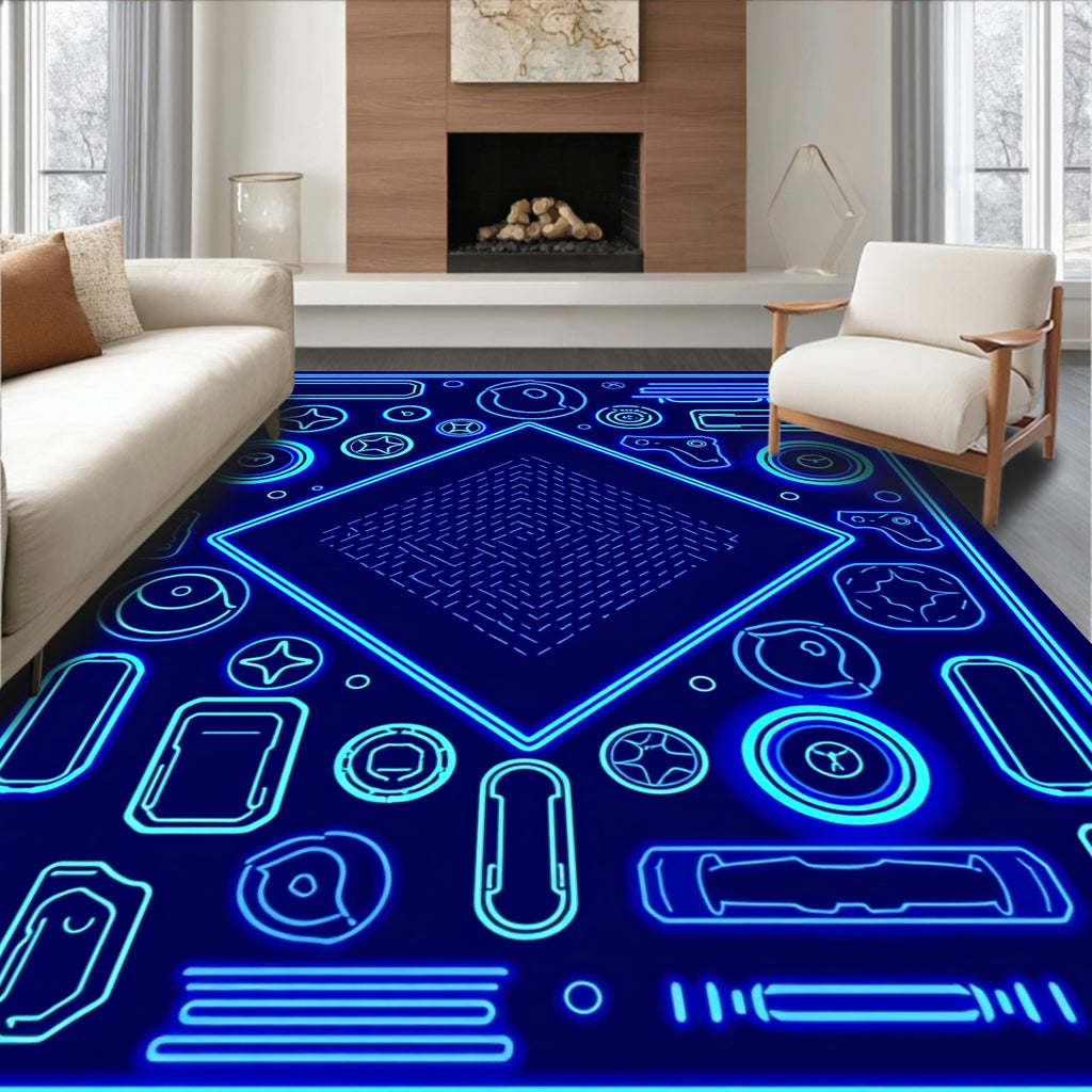 Futuristic Neon Geometric Circuit Rug