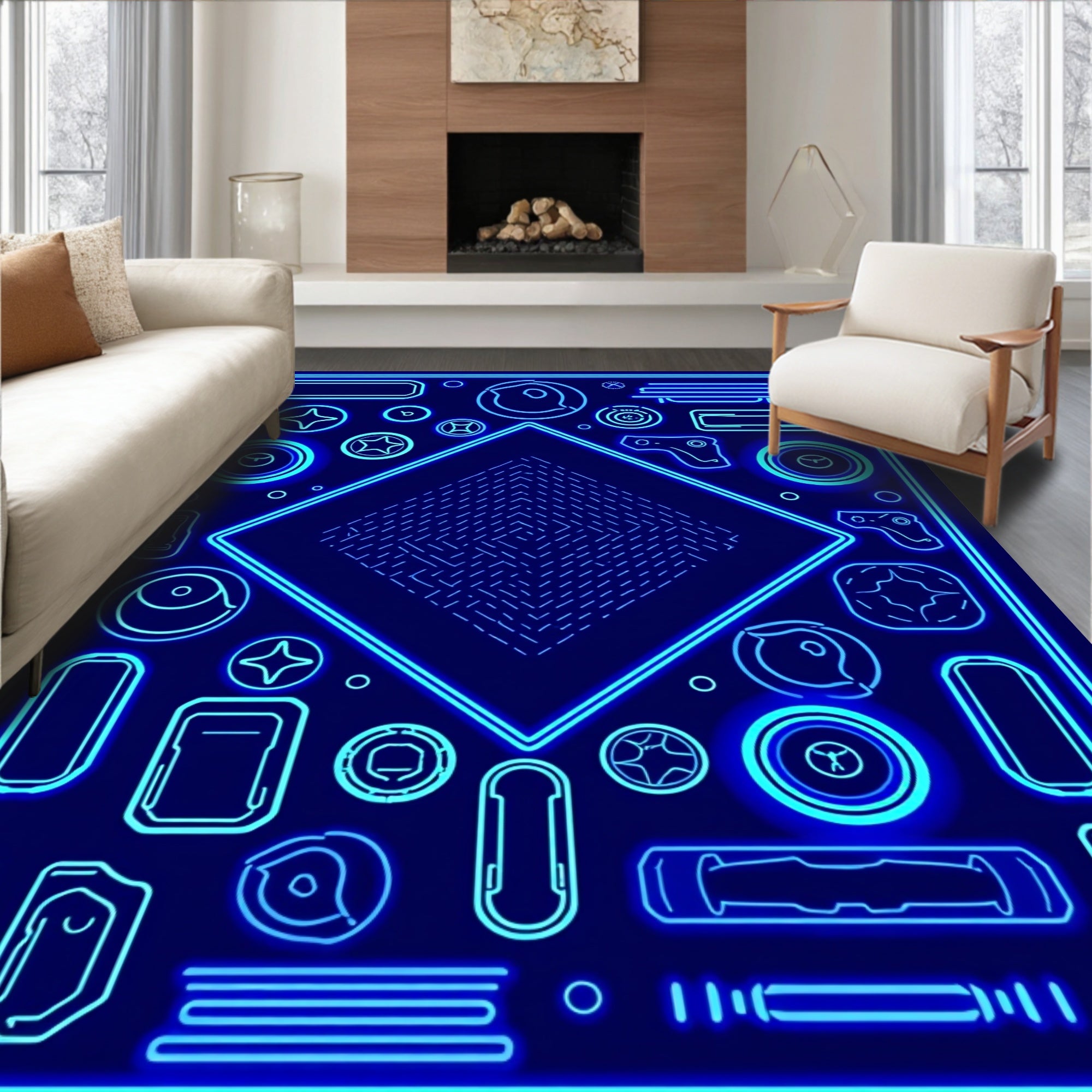 Futuristic Neon Geometric Circuit Rug