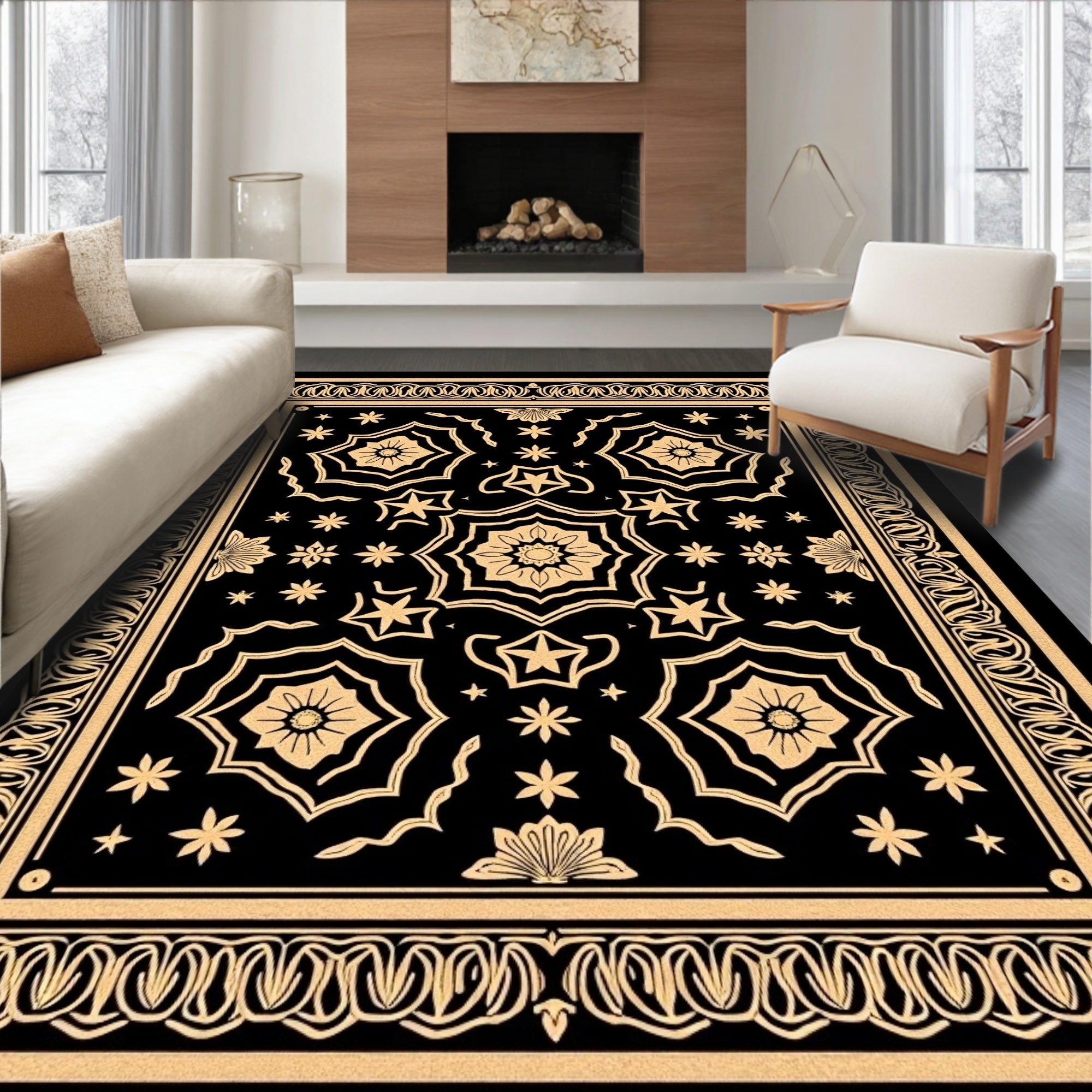 Ornate Black Gold Mandala Pattern Rug