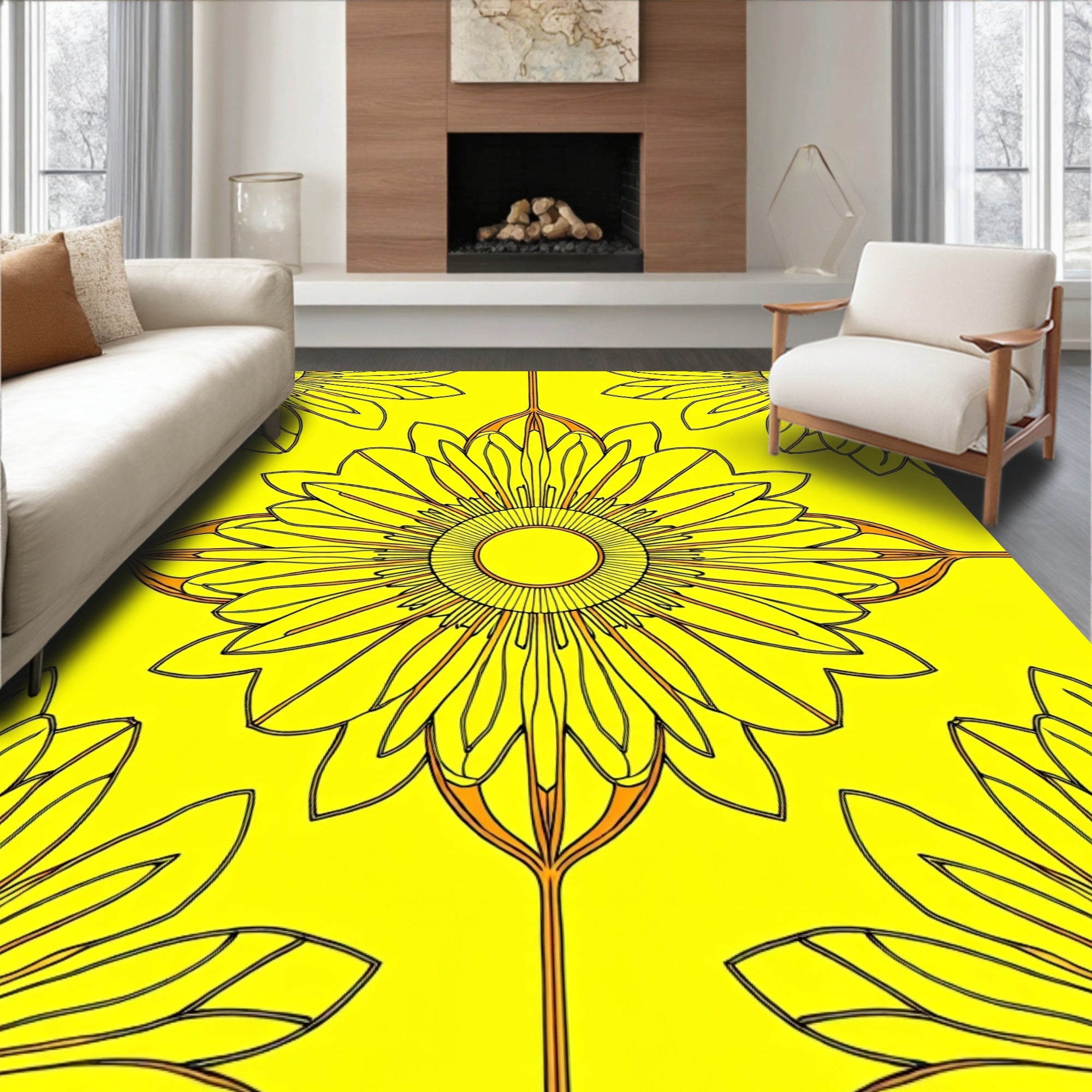 Radiant Yellow Floral Art Deco Rug