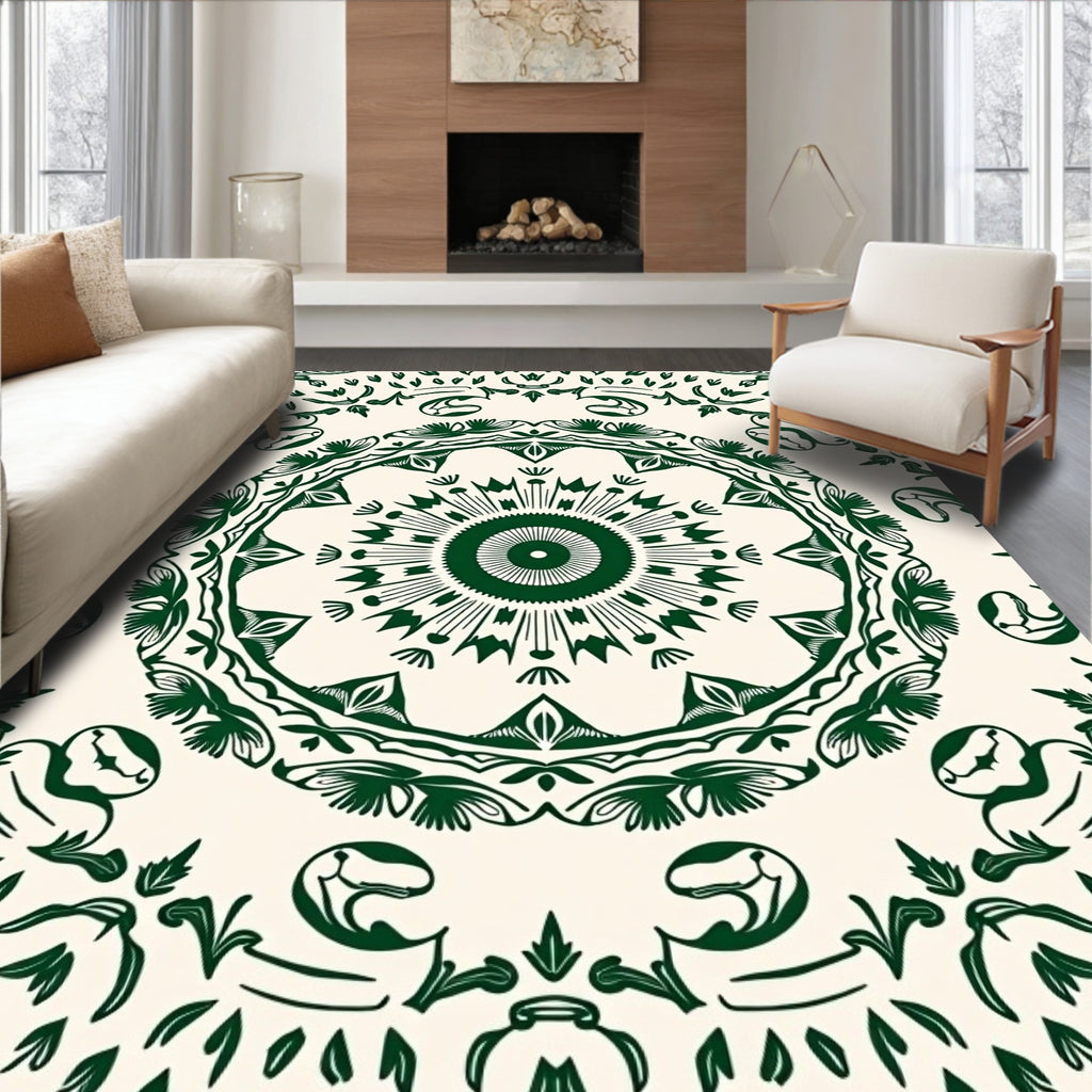 Deep Forest Green Mandalas Accents Rug