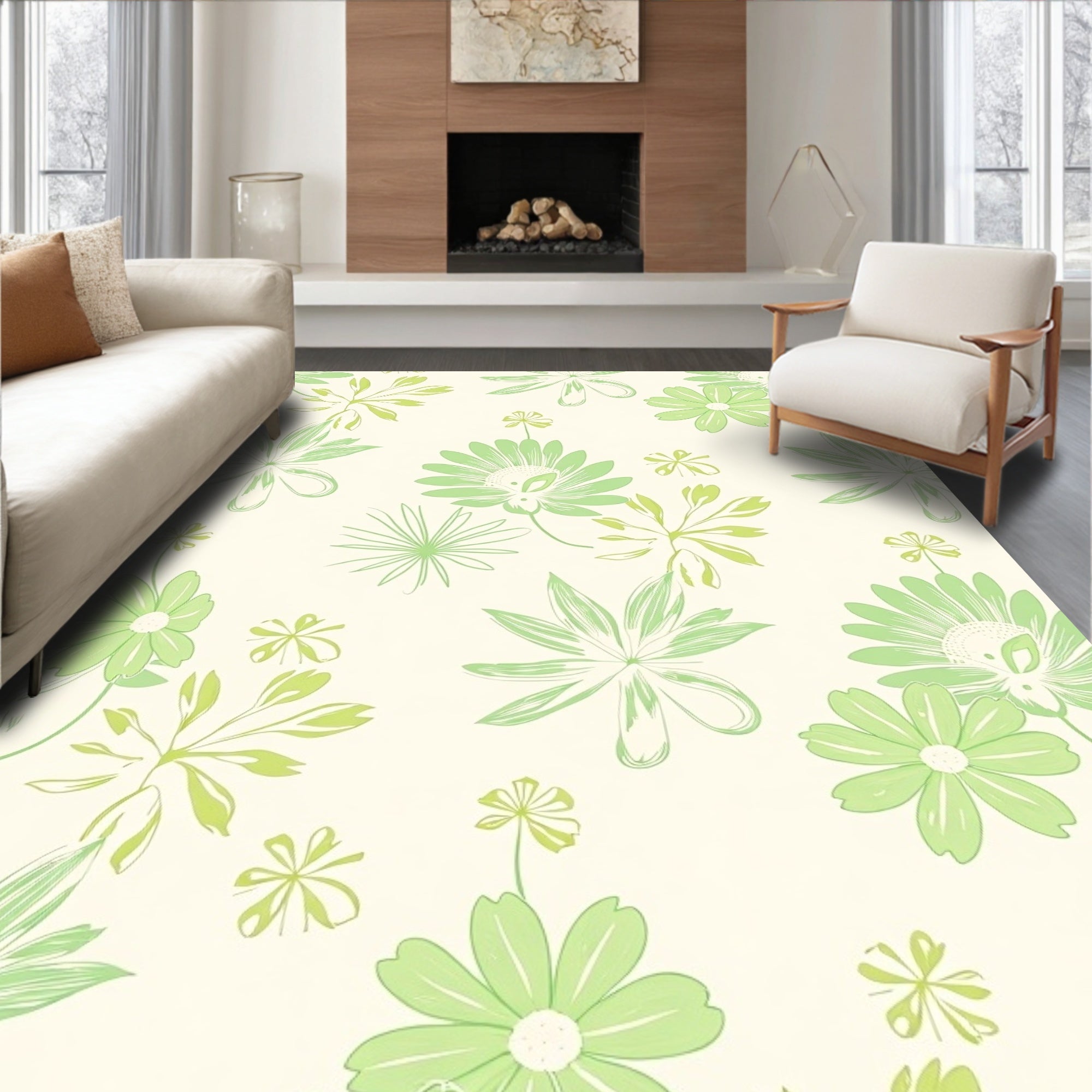 Light Green Floral Sketch Pattern Rug
