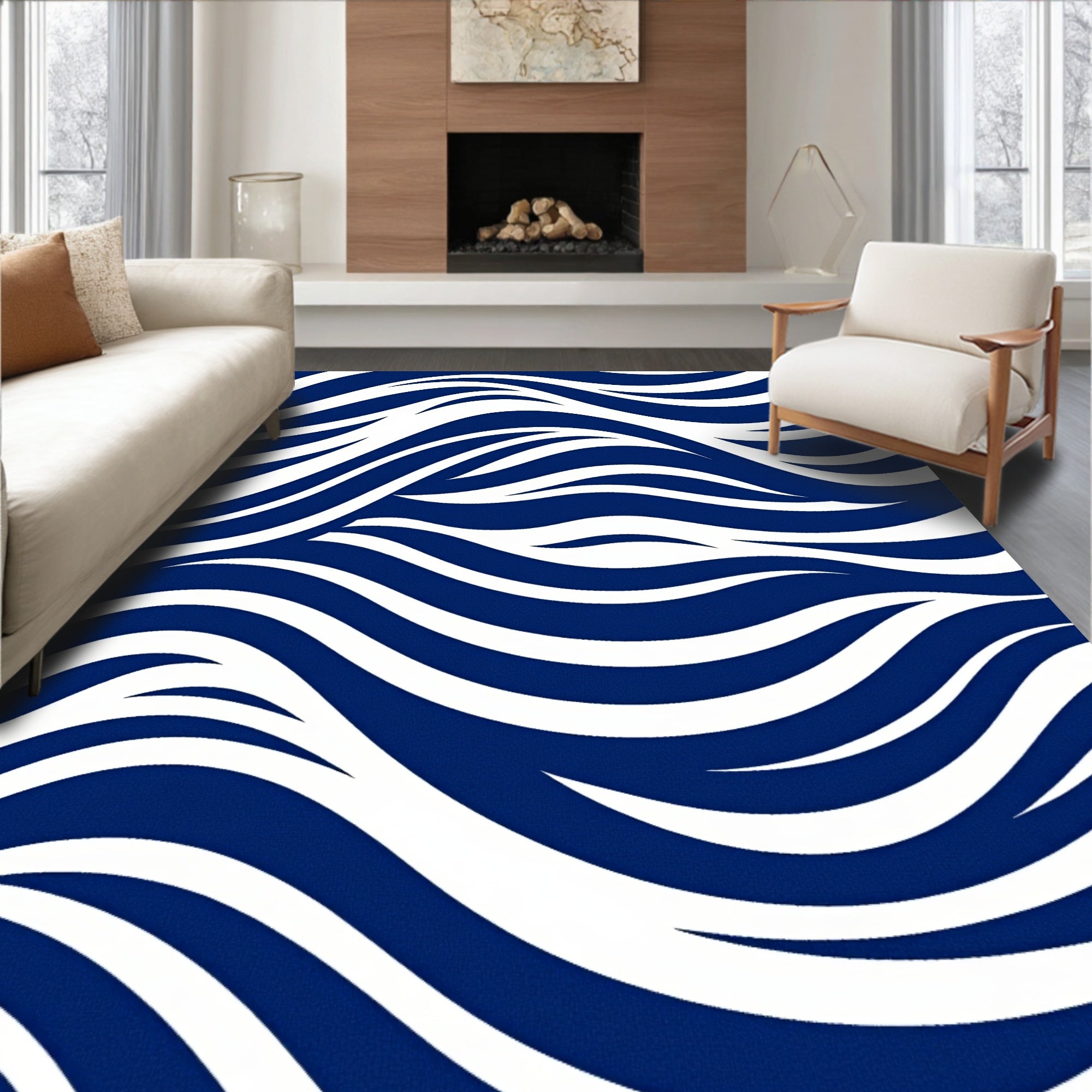 Dynamic Blue White Wavy Pattern Design Rug