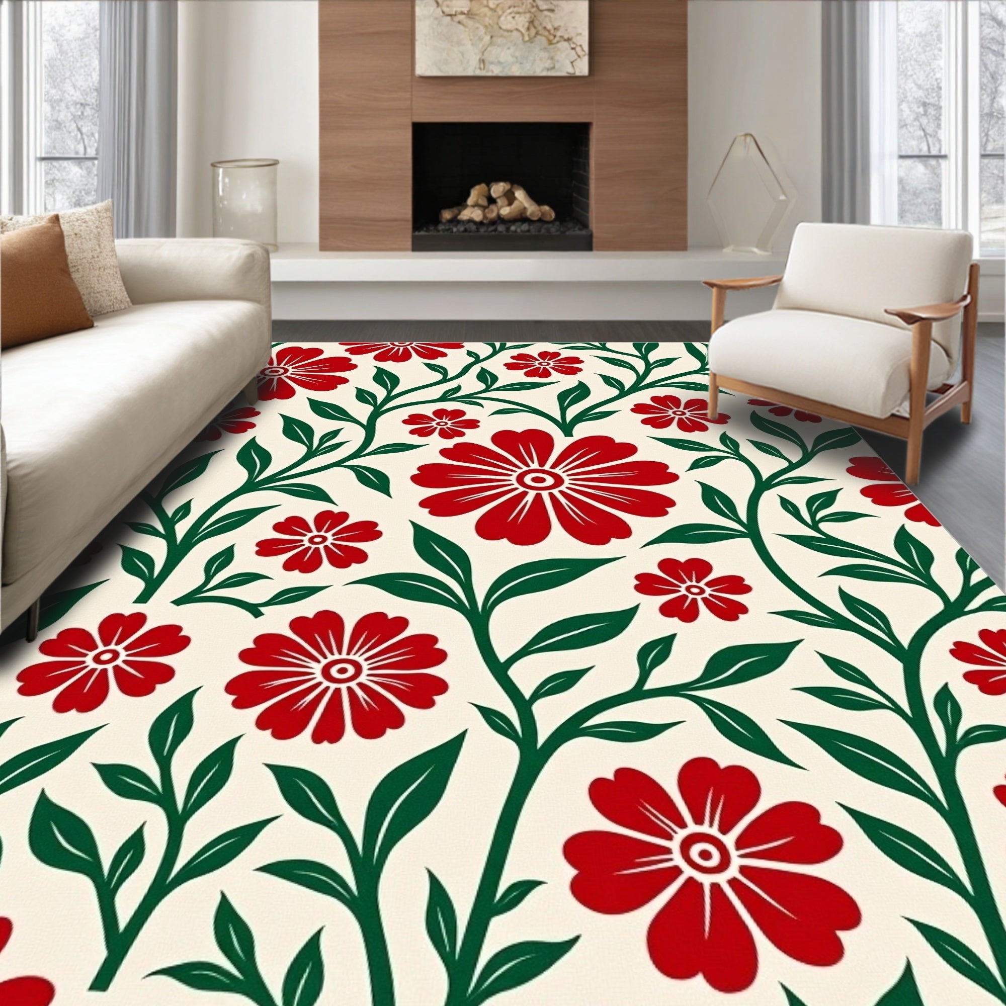 Red Flower Green Leaf Pattern Rug