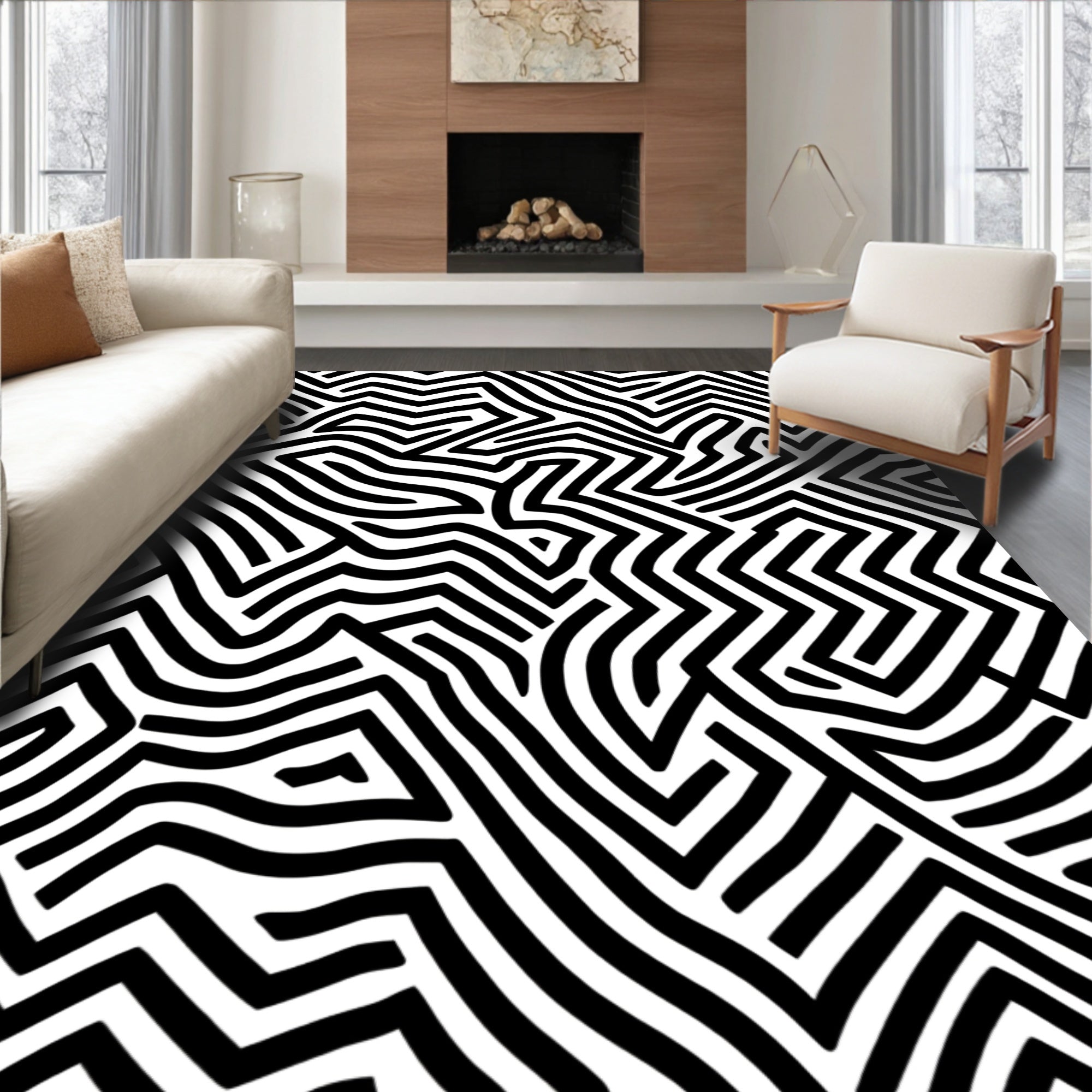 Abstract Black White Maze Design Rug
