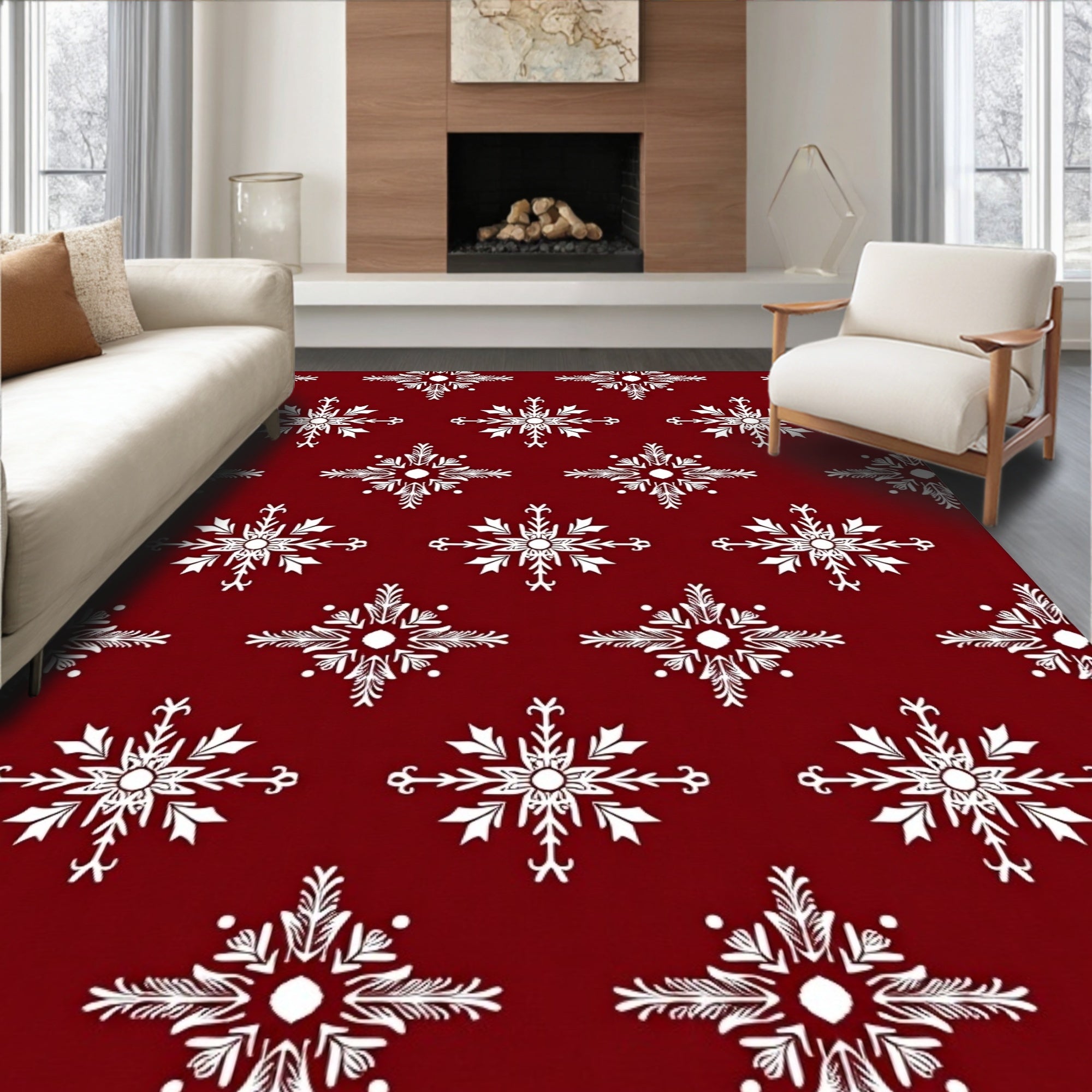 Crimson Snowflake Medallion Fabric Rug