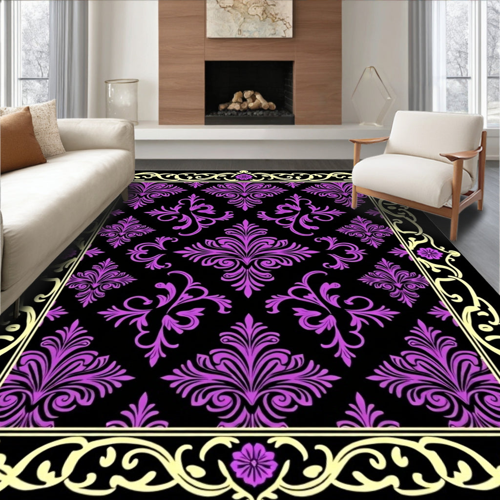 Black Purple Floral Damask Border Rug