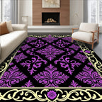 Black Purple Floral Damask Border Rug