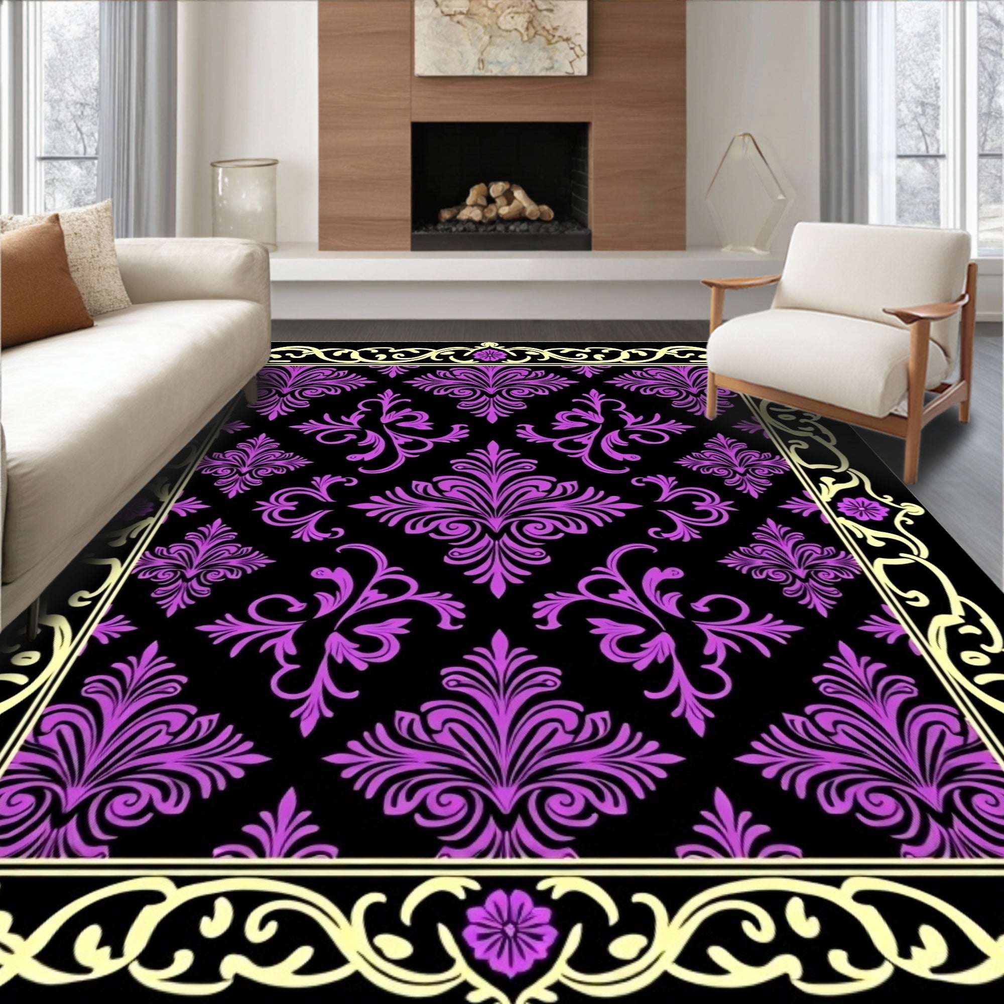 Black Purple Floral Damask Border Rug