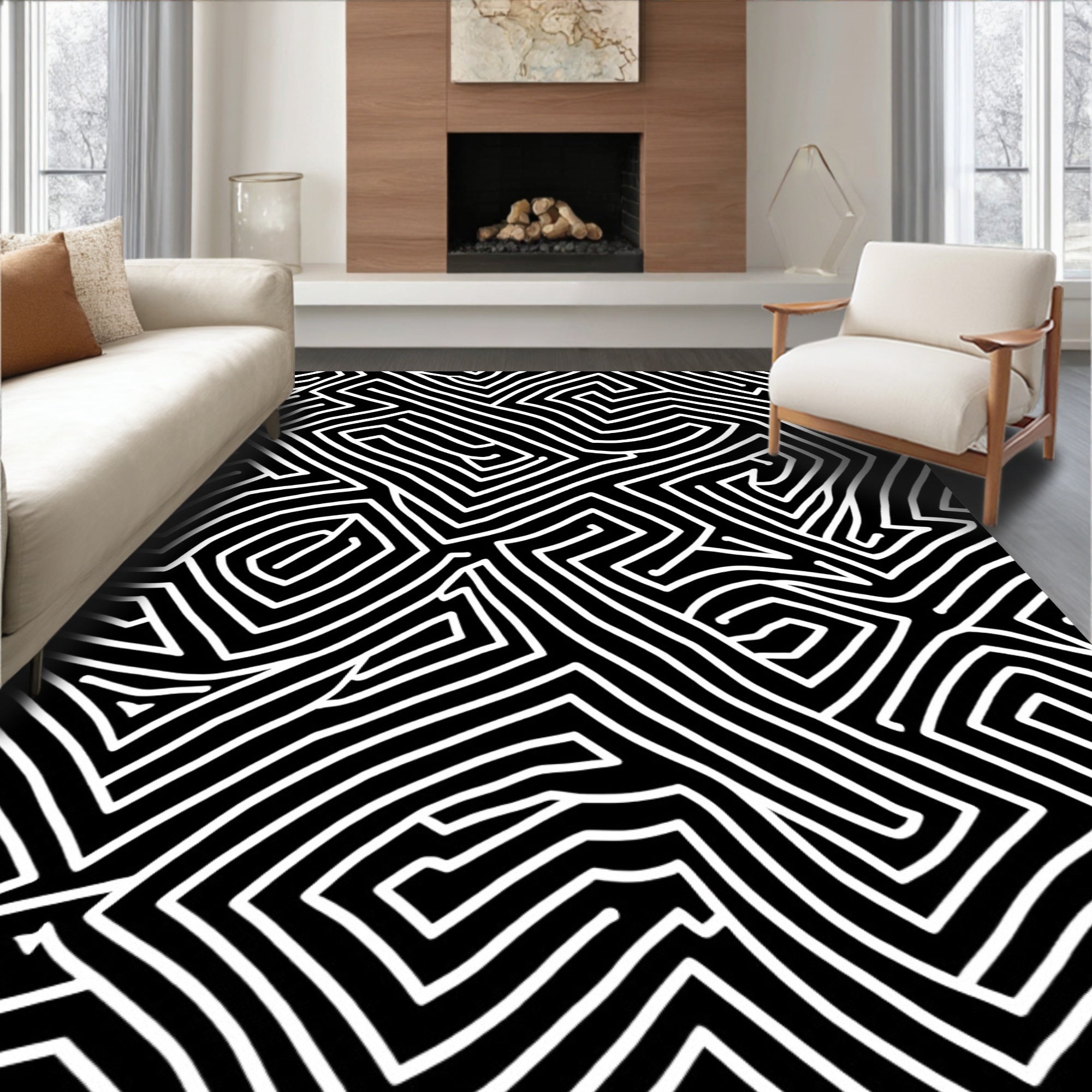 Bold Black White Labyrinth Pattern Rug
