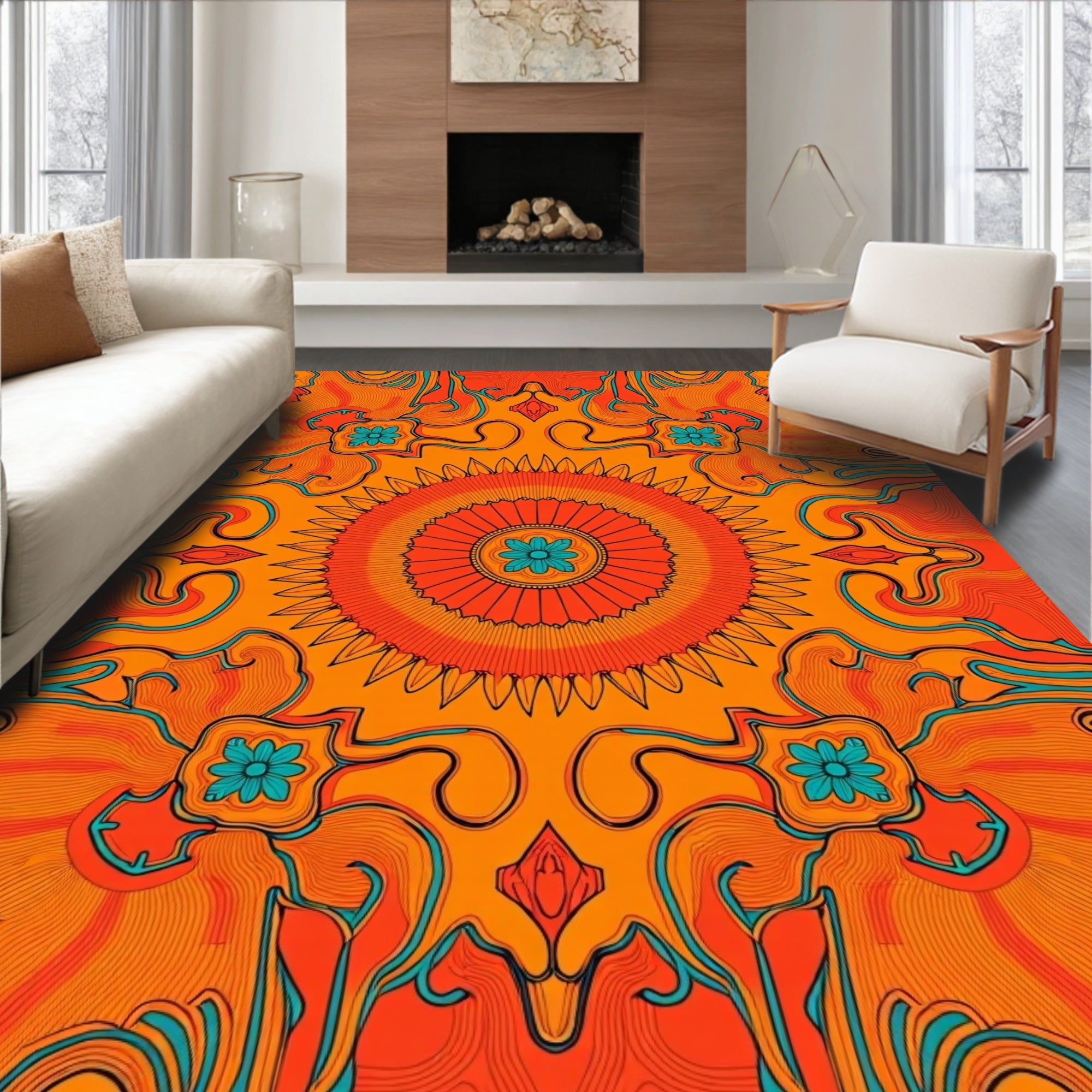 Retro Psychedelic Floral Sunburst Pattern Rug