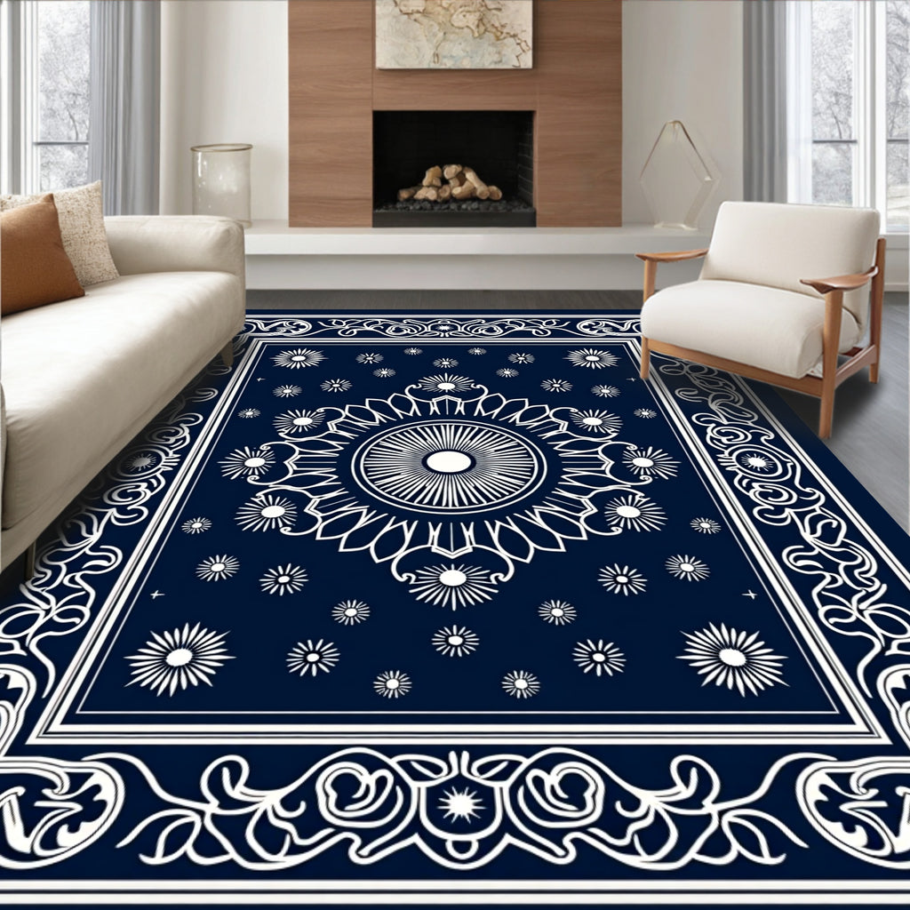 Intricate White Floral Dark Blue Rug
