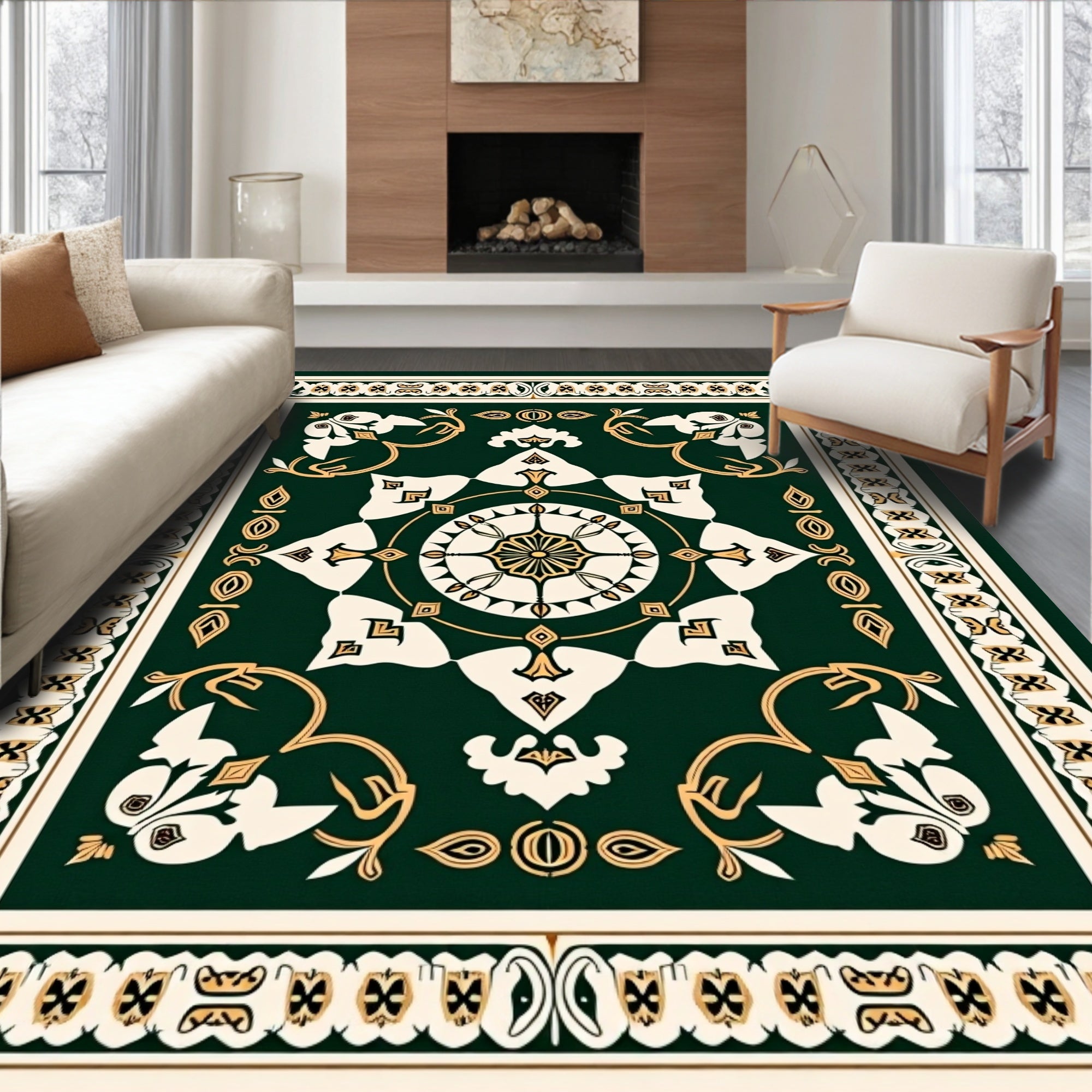 Emerald Gold Intricate Floral Pattern Rug