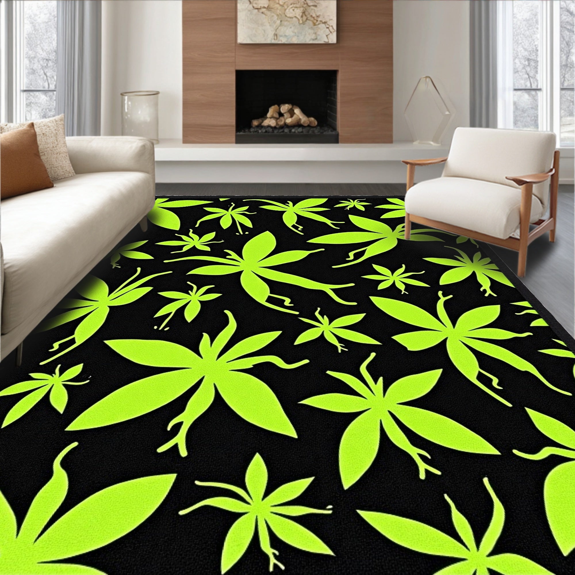Neon Green Silhouette Petal Scatter Rug