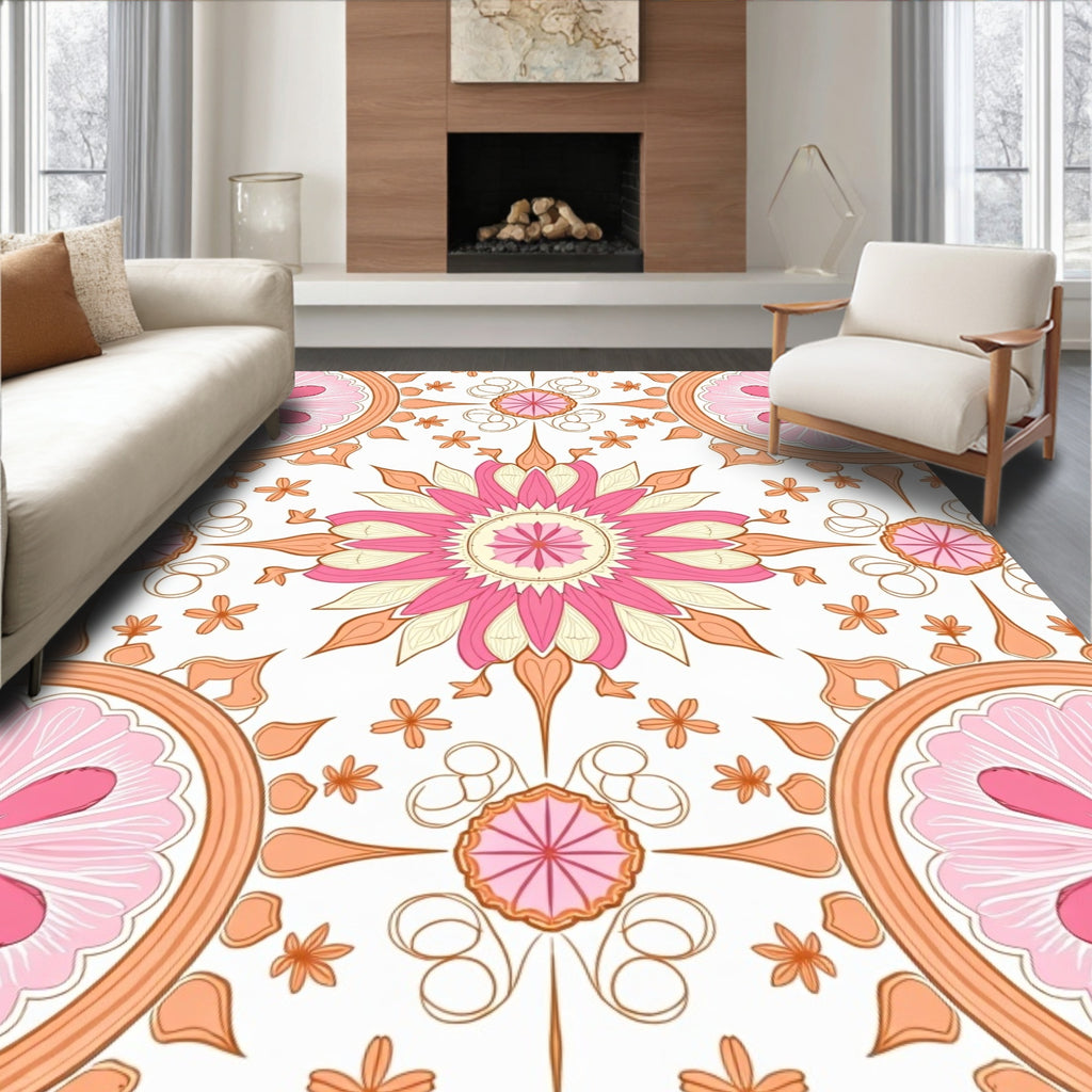 Pink Orange Floral Medallion Pattern Rug
