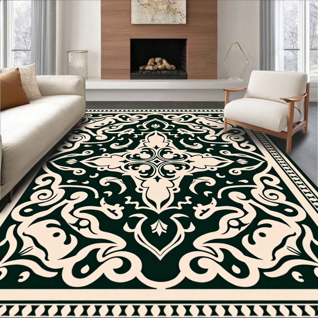 Dark Green Floral Scrollwork Traditional Rug