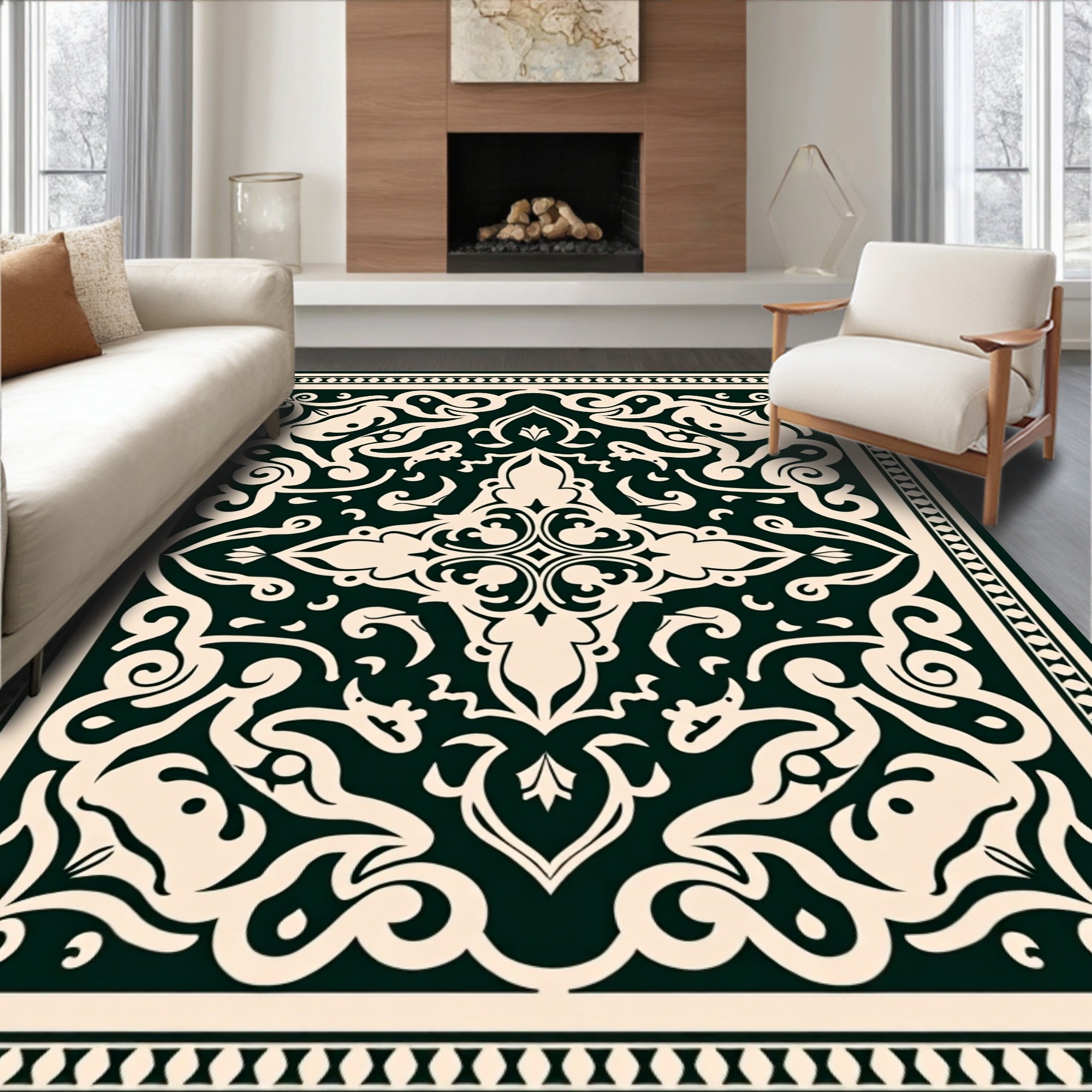 Dark Green Floral Scrollwork Traditional Rug