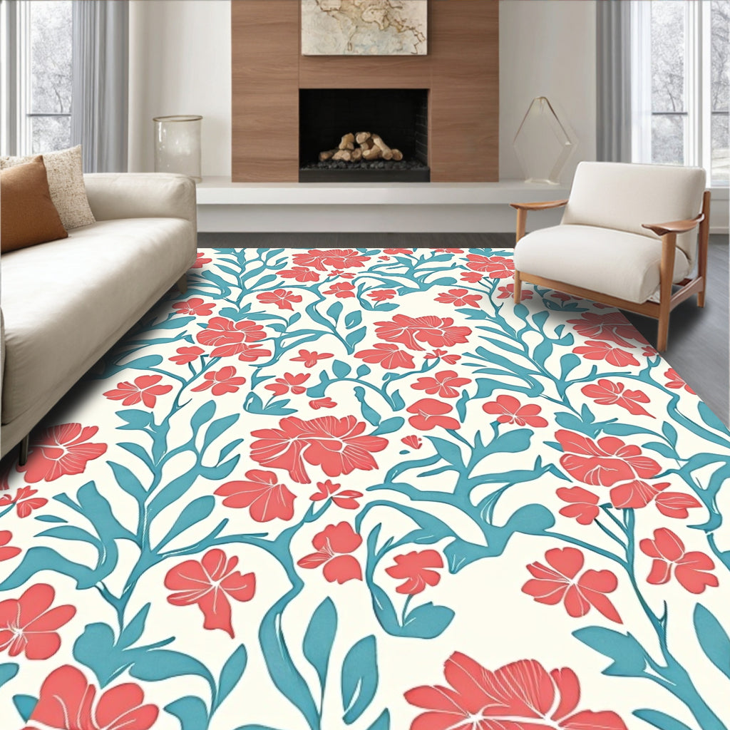 Coral And Teal Floral Vine Design Rug