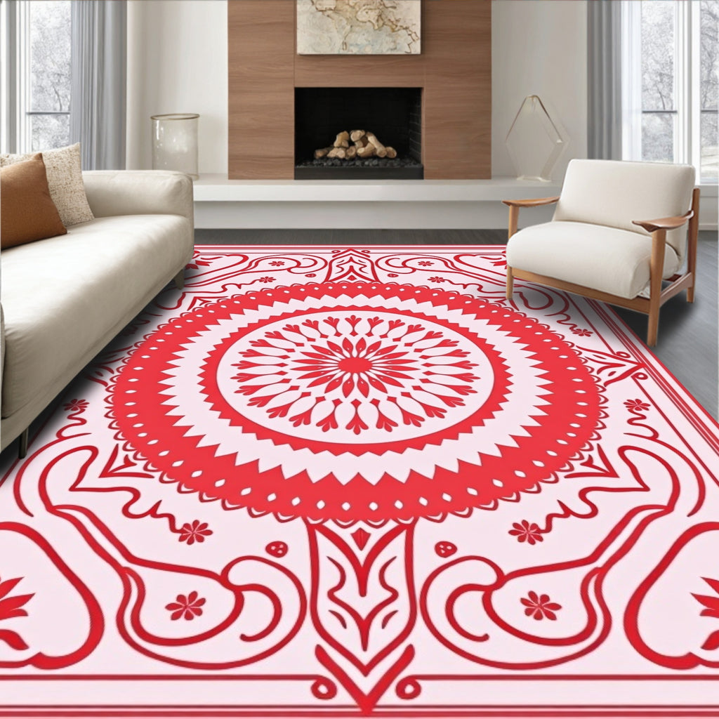 Red Floral Mandala Patterned Rug
