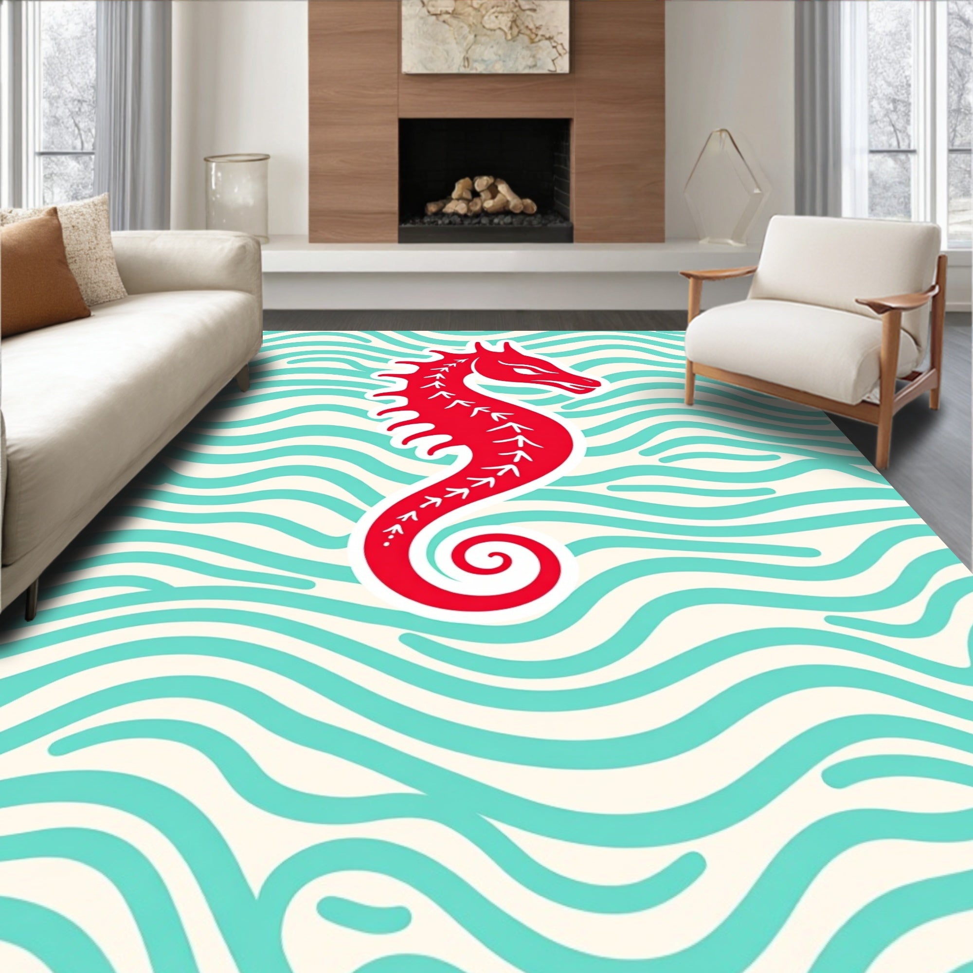 RedSeahorse On Wave Pattern Rug