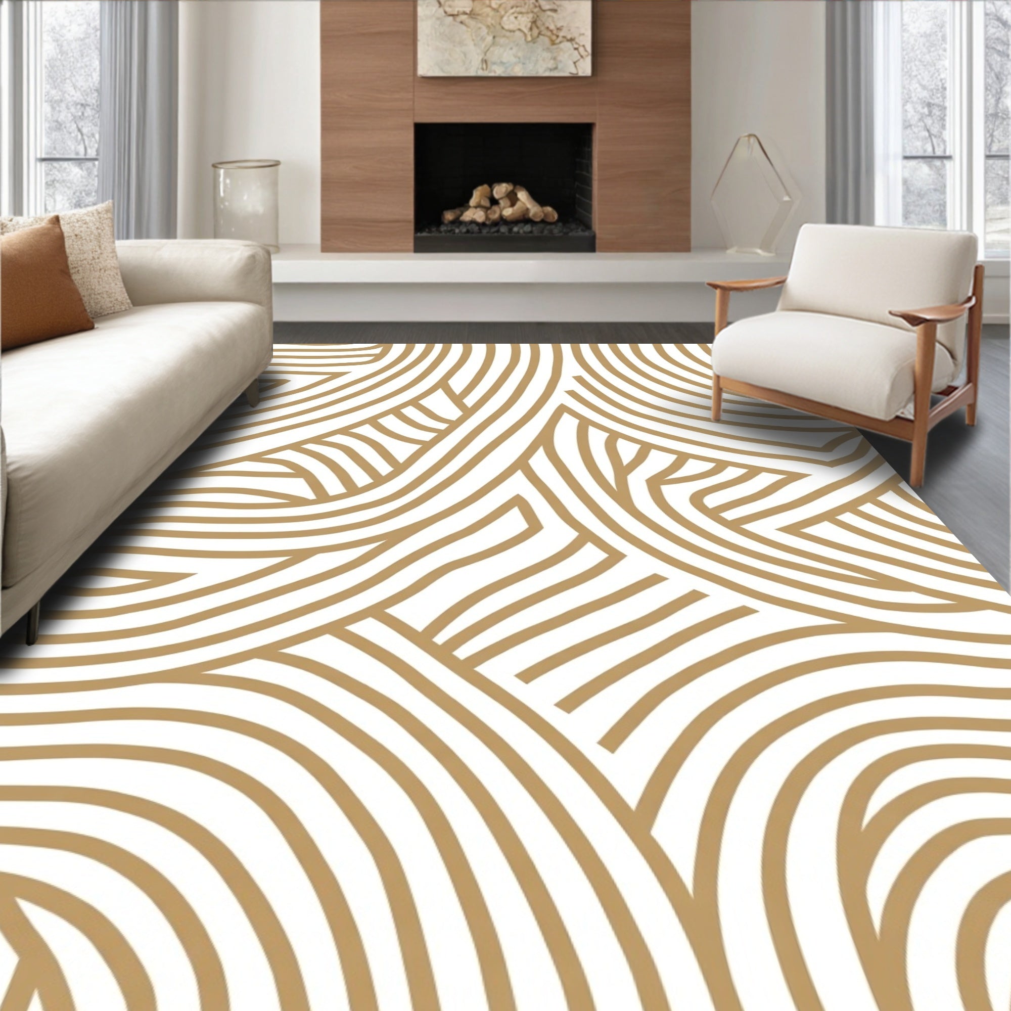 Abstract Wavy Gold Lines Rug