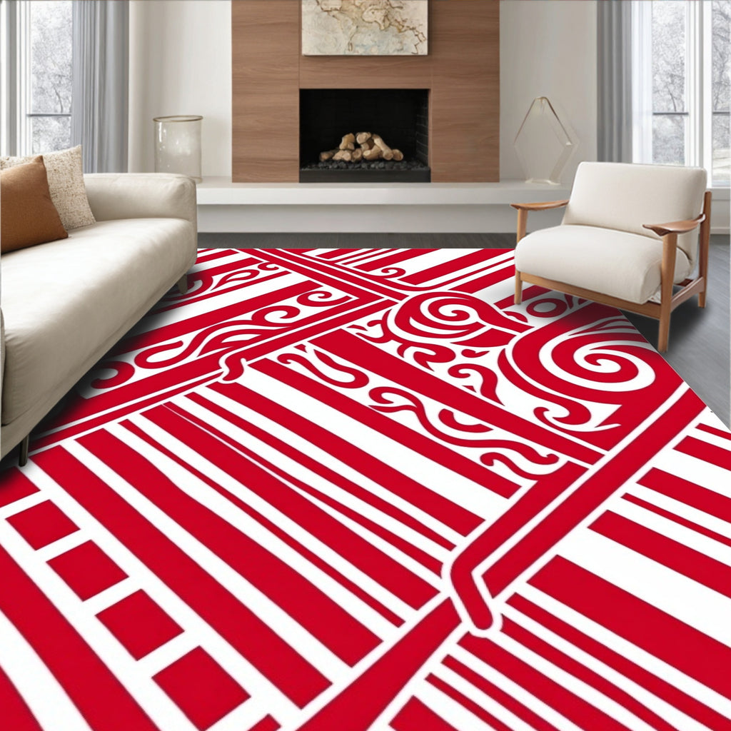 Red White Bold Swirl Stripe Rug