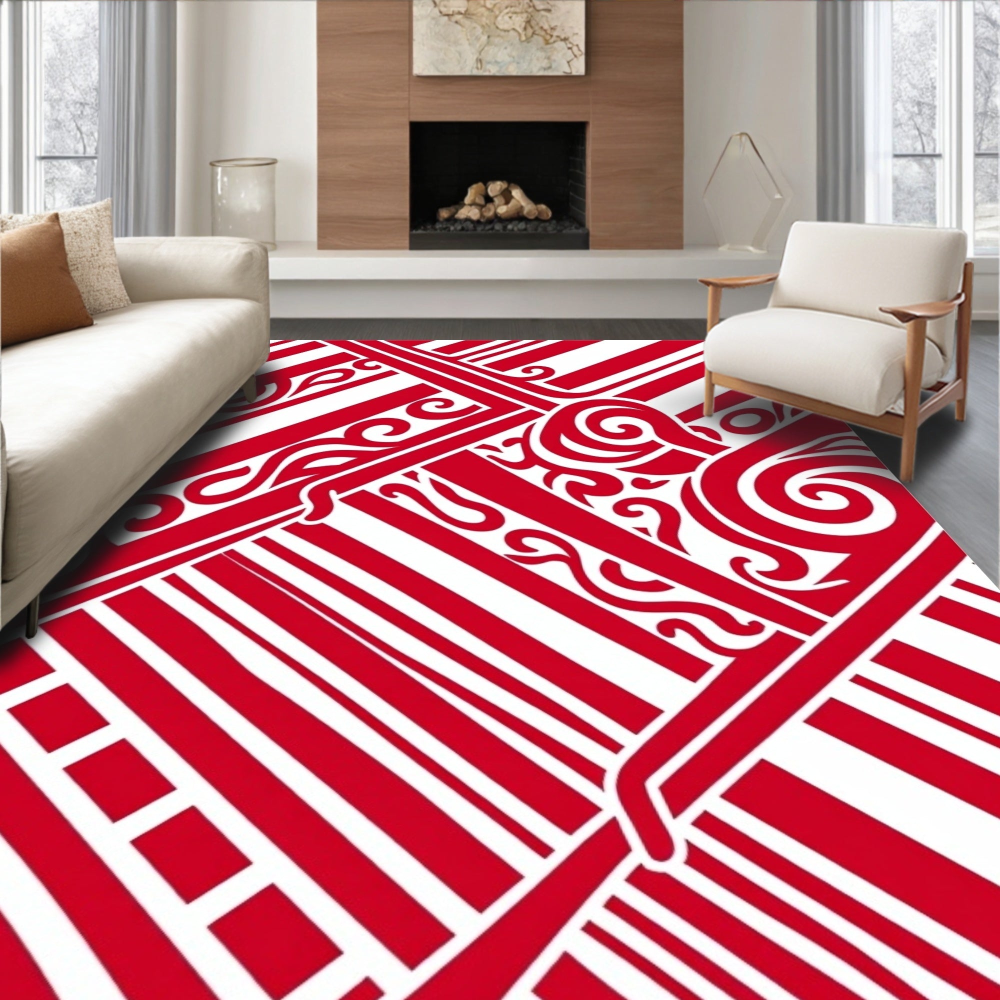 Red White Bold Swirl Stripe Rug