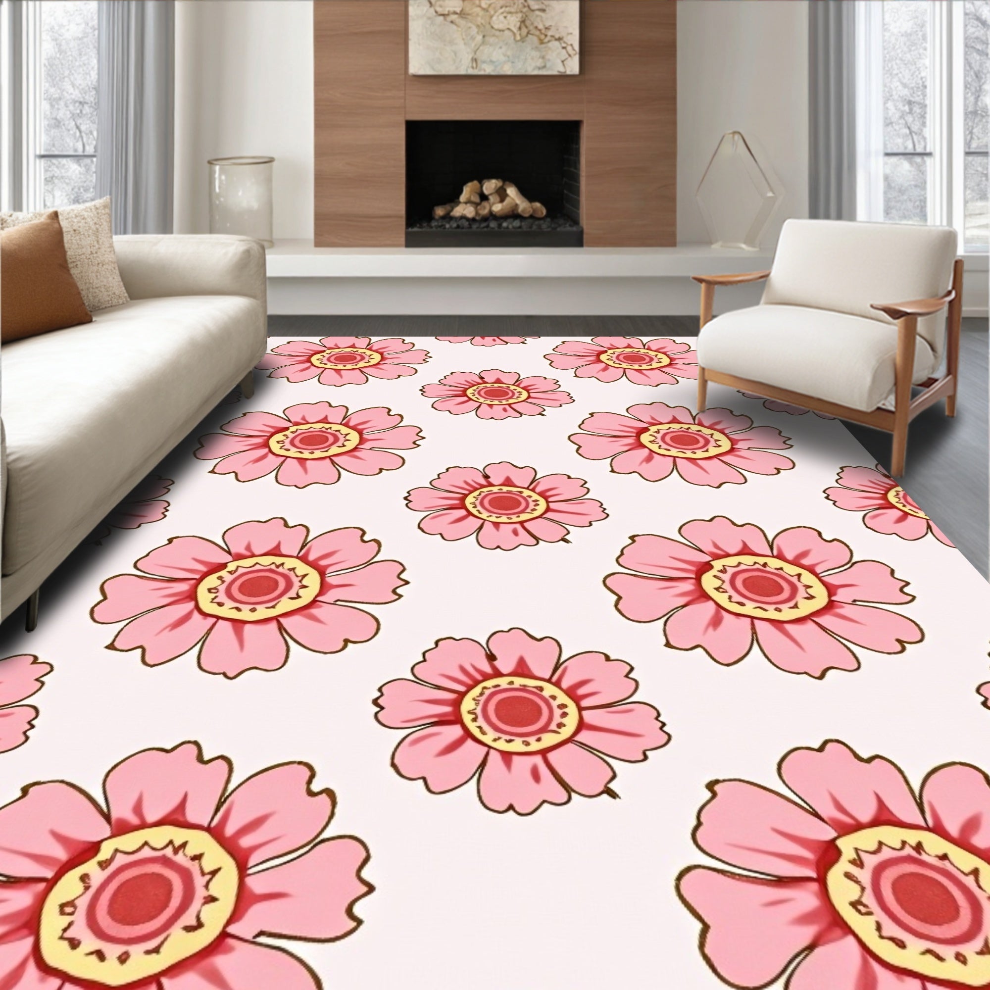 Pink Floral Pattern With Yellow Accents Rug