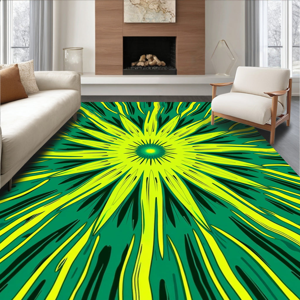 Radiant Sunburst Green Yellow Pattern Rug