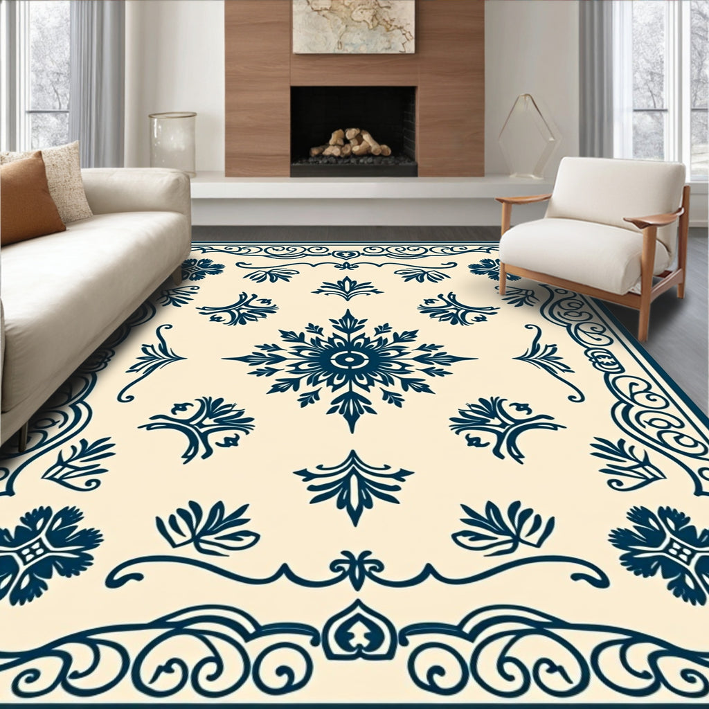 Ornate Dark Blue Floral Scroll Rug