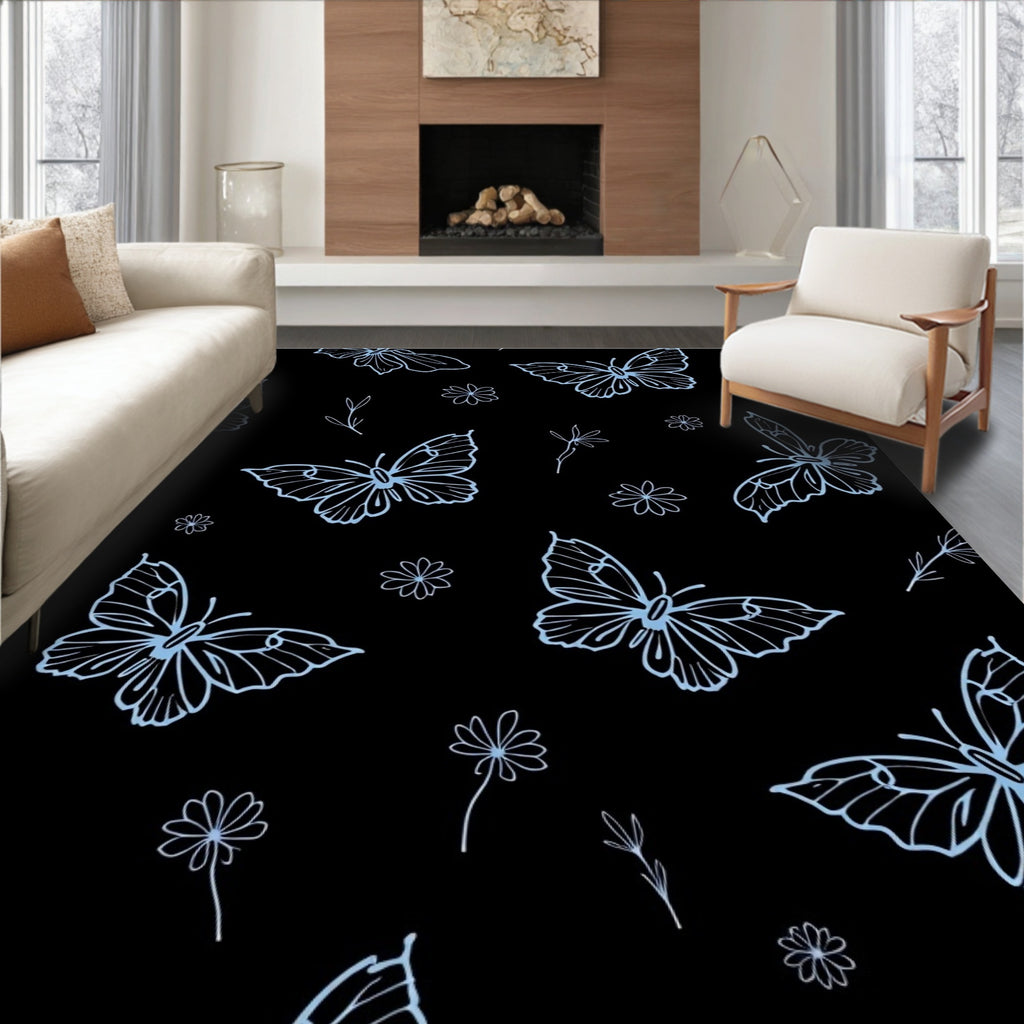 Light Blue Butterfly Meadow Illustration Rug