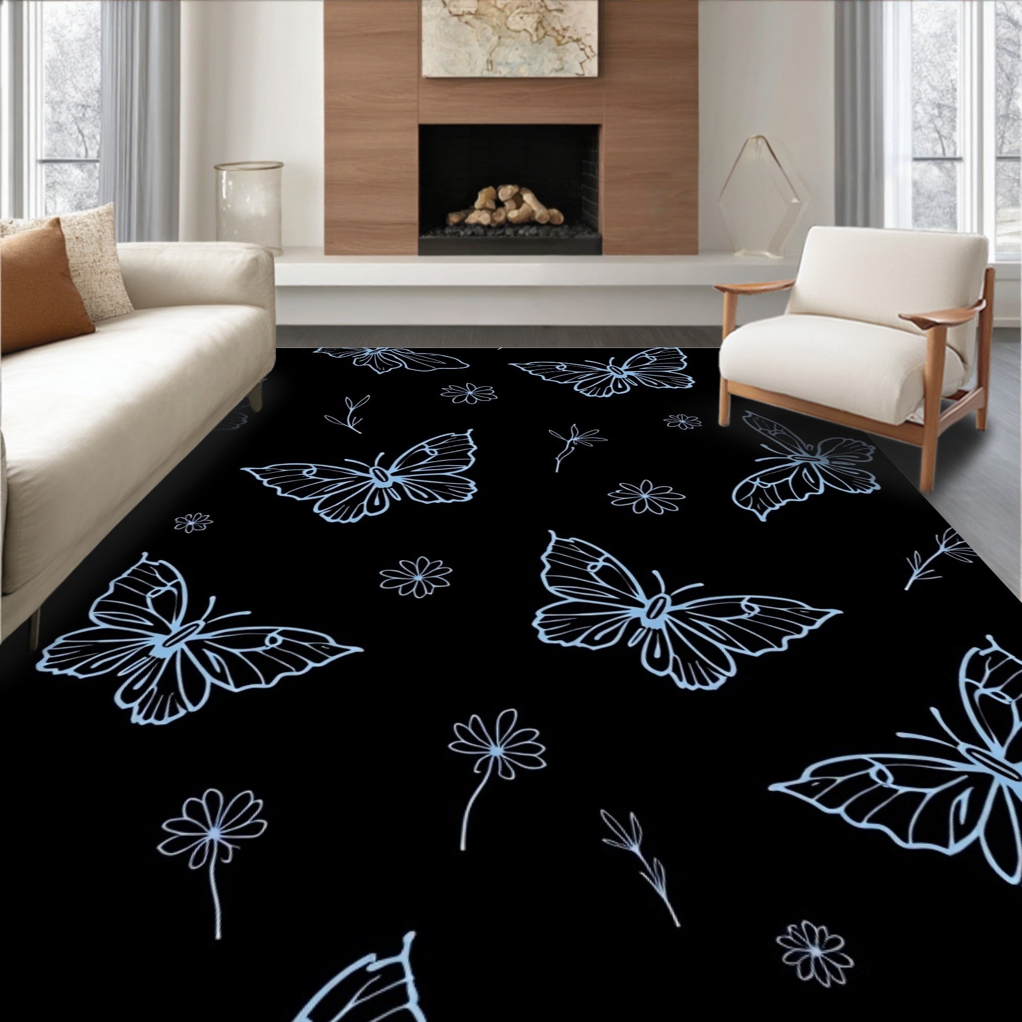 Light Blue Butterfly Meadow Illustration Rug