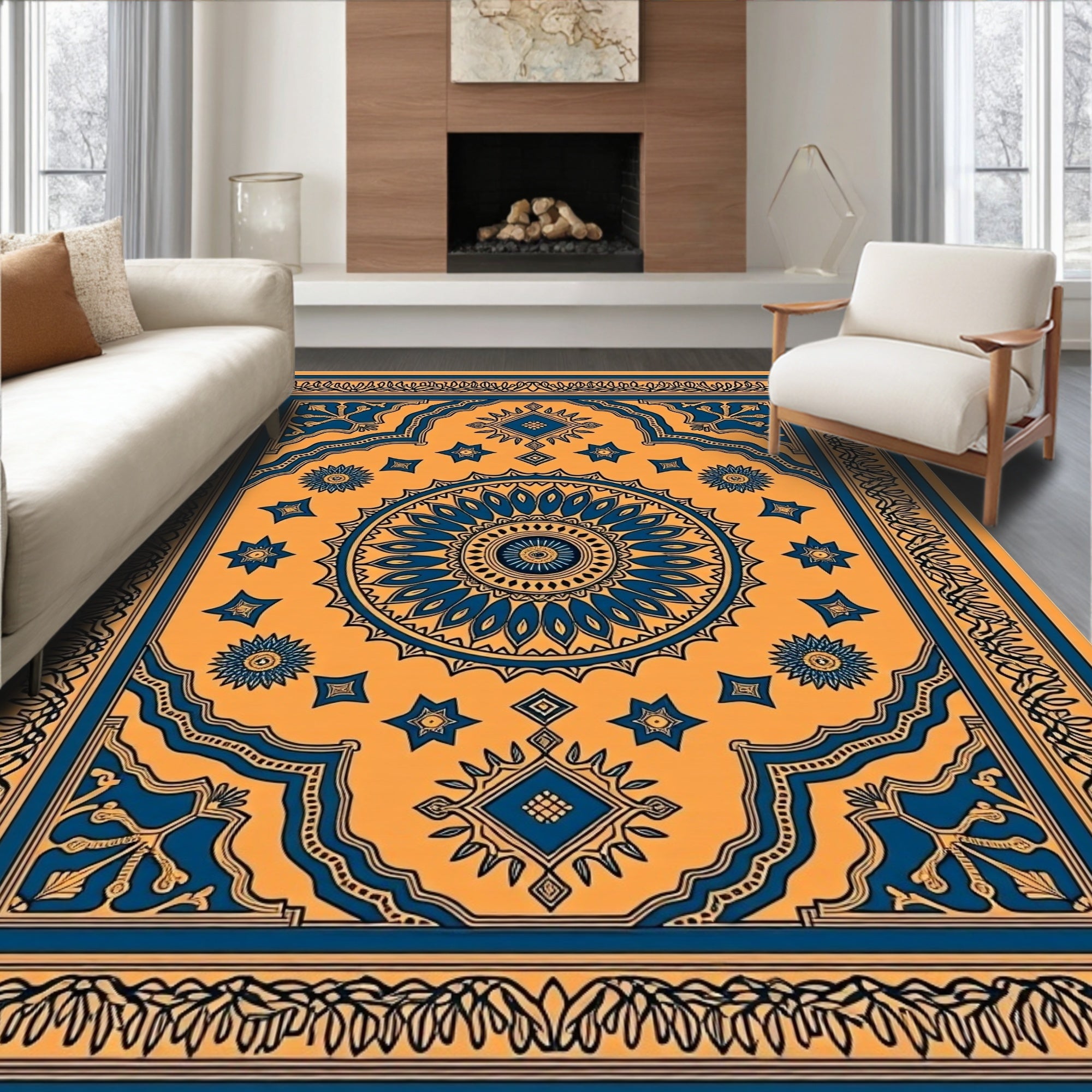 Bold Blue Mandala Geometric Pattern Rug