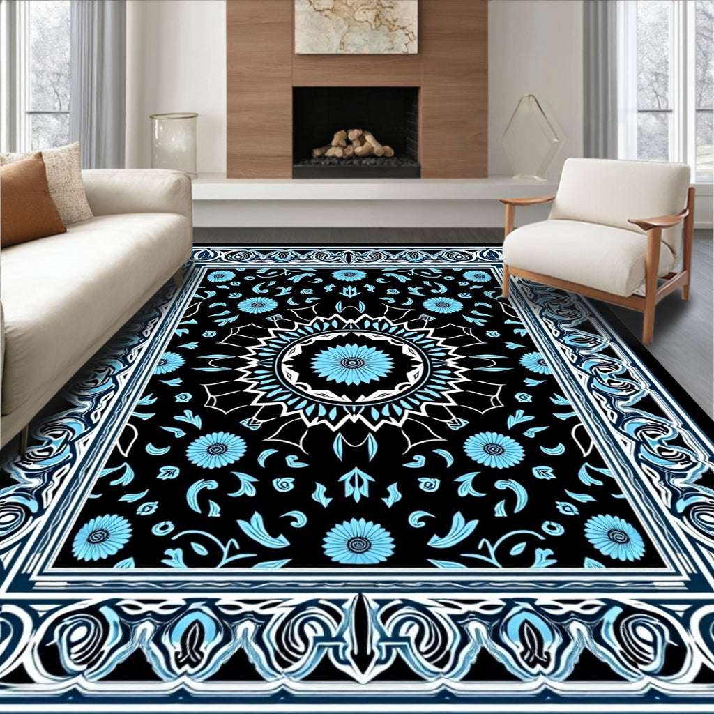 Intricate Blue Floral Mandala Pattern Rug