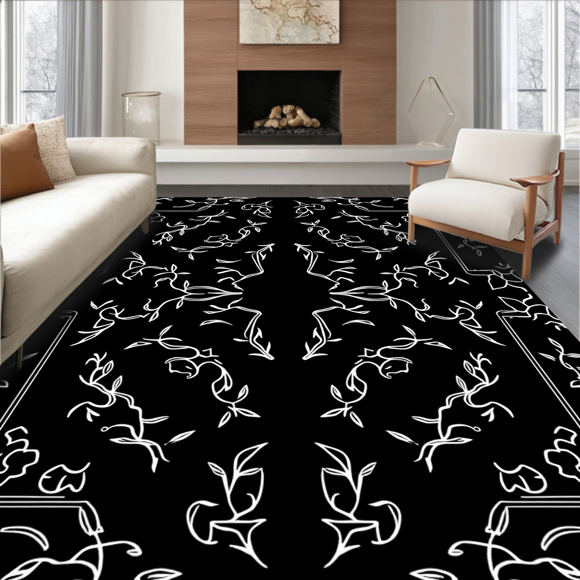 Black and White Abstract Floral Symmetry Rug