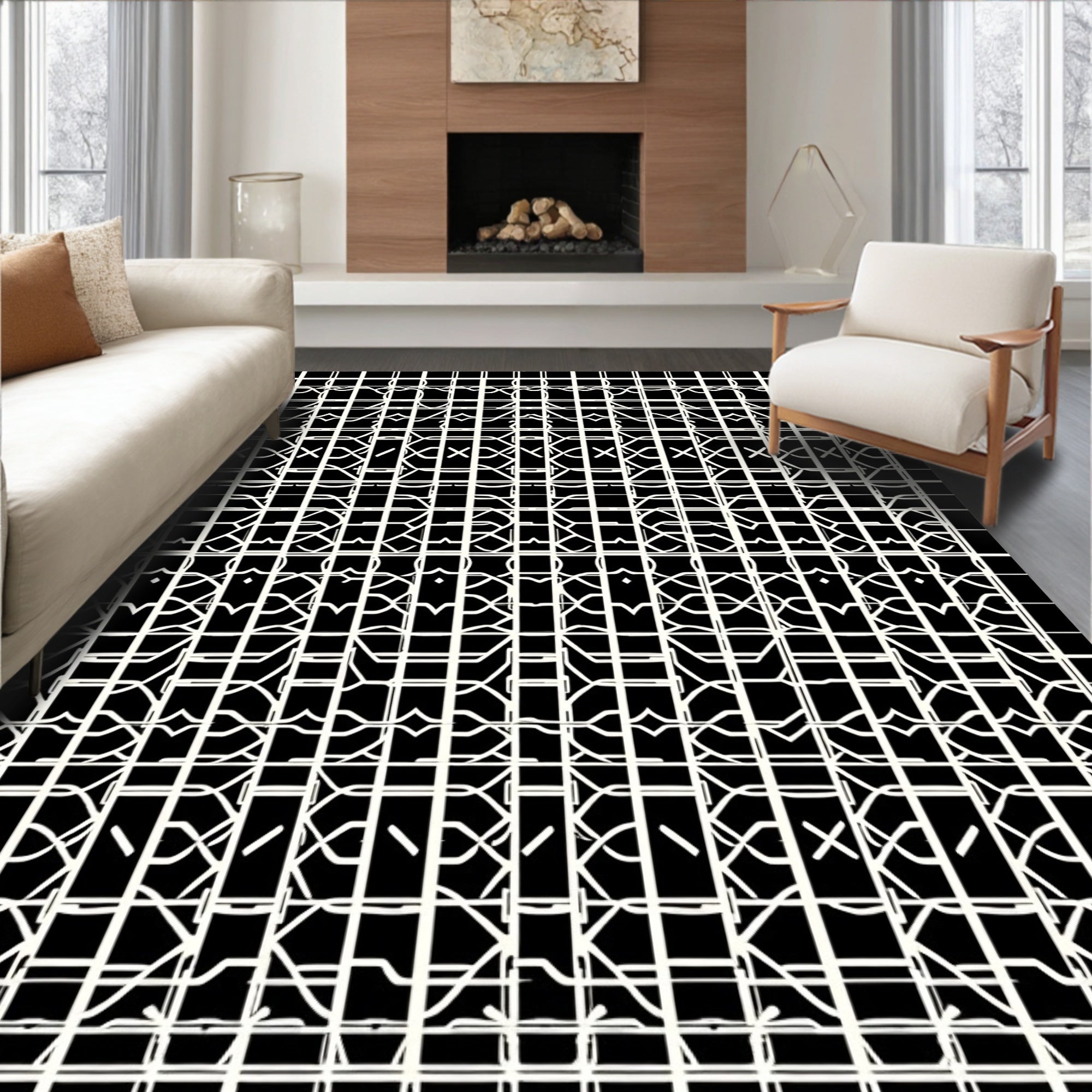 Bold Black White Geometric Pattern Rug