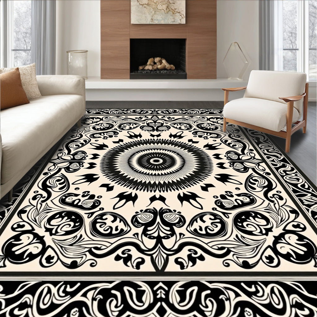Black White Ornate Mandala Design Rug