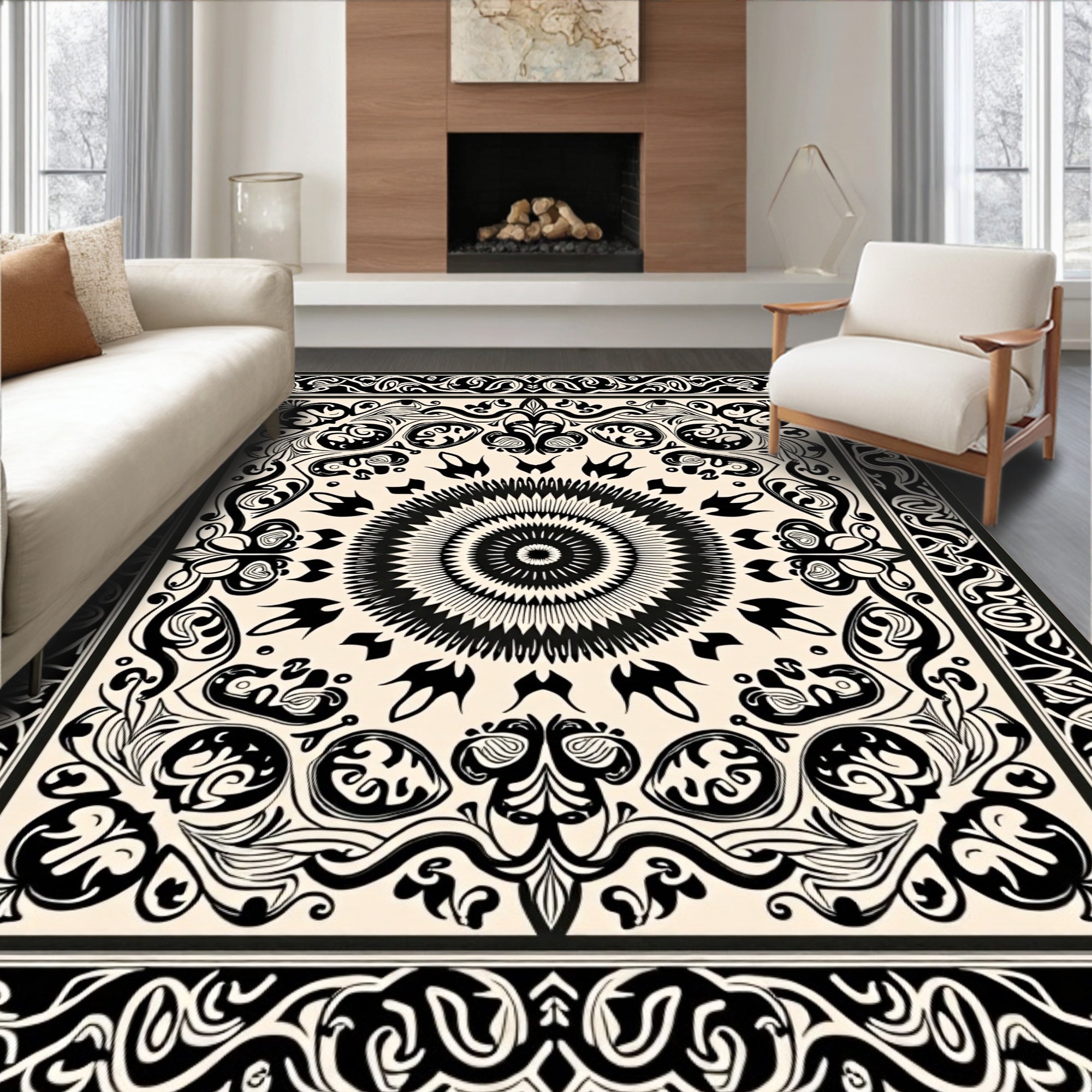 Black White Ornate Mandala Design Rug