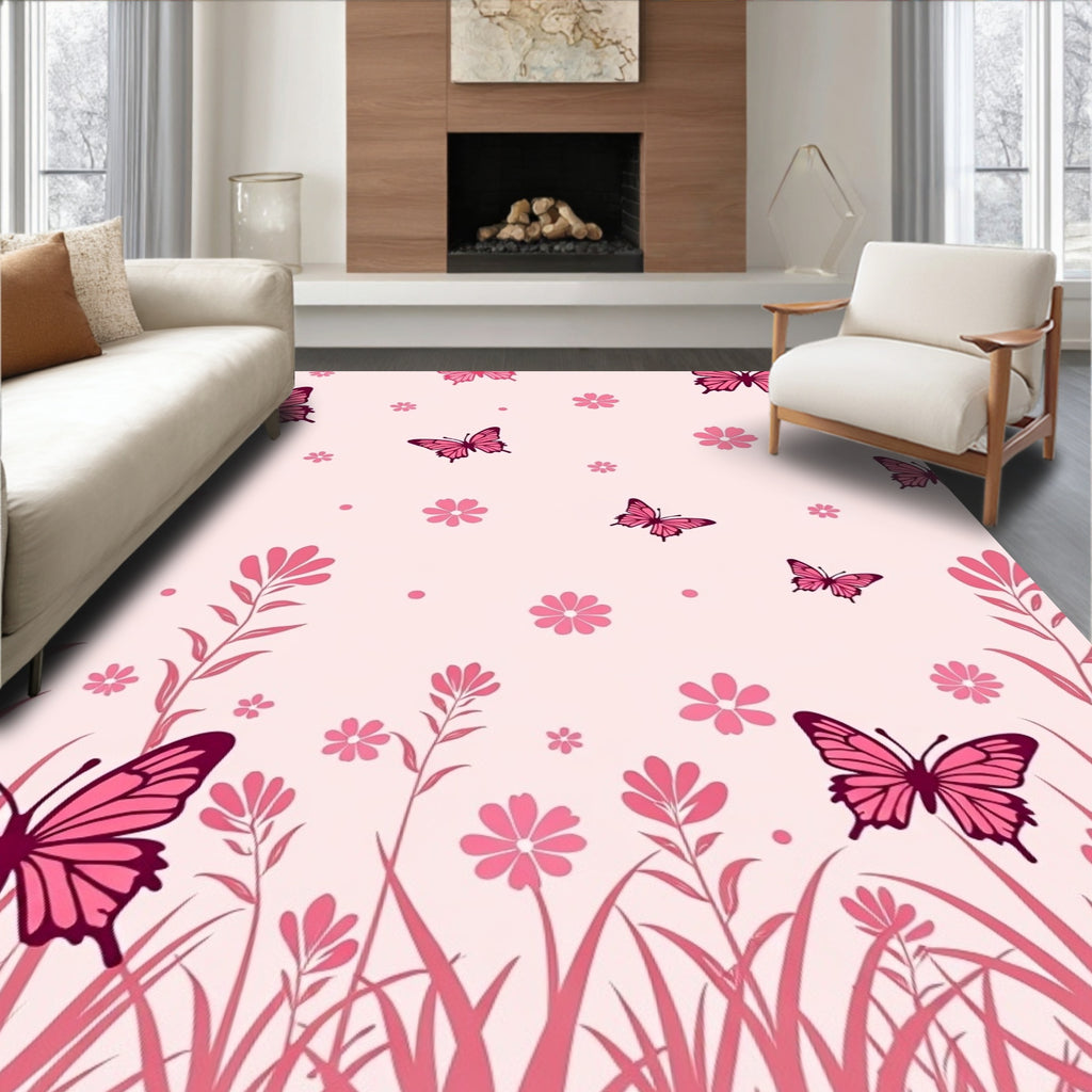 Pink Butterflies and Flowers Garden Design Rug