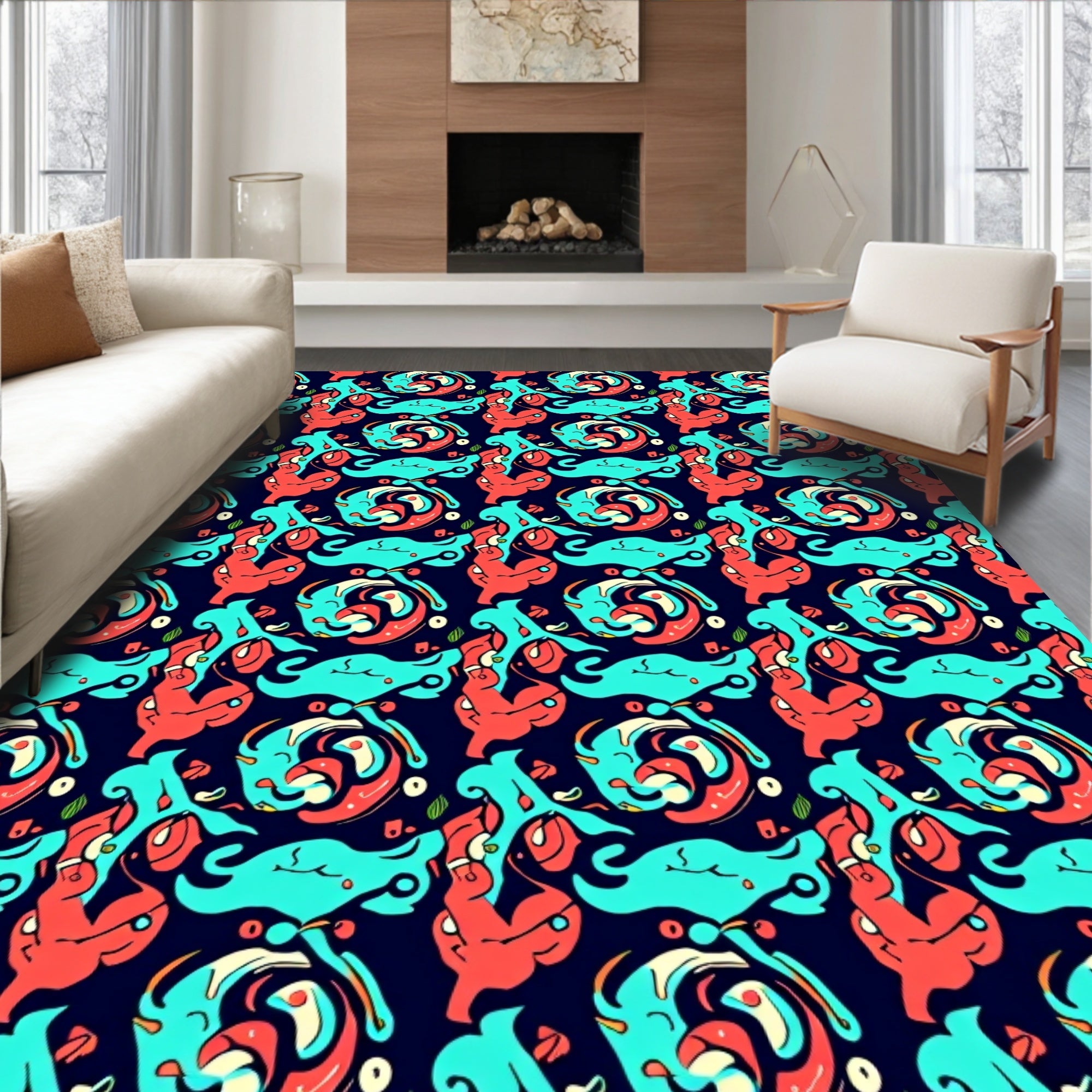 Bold Aqua And Coral Swirl Pattern Rug