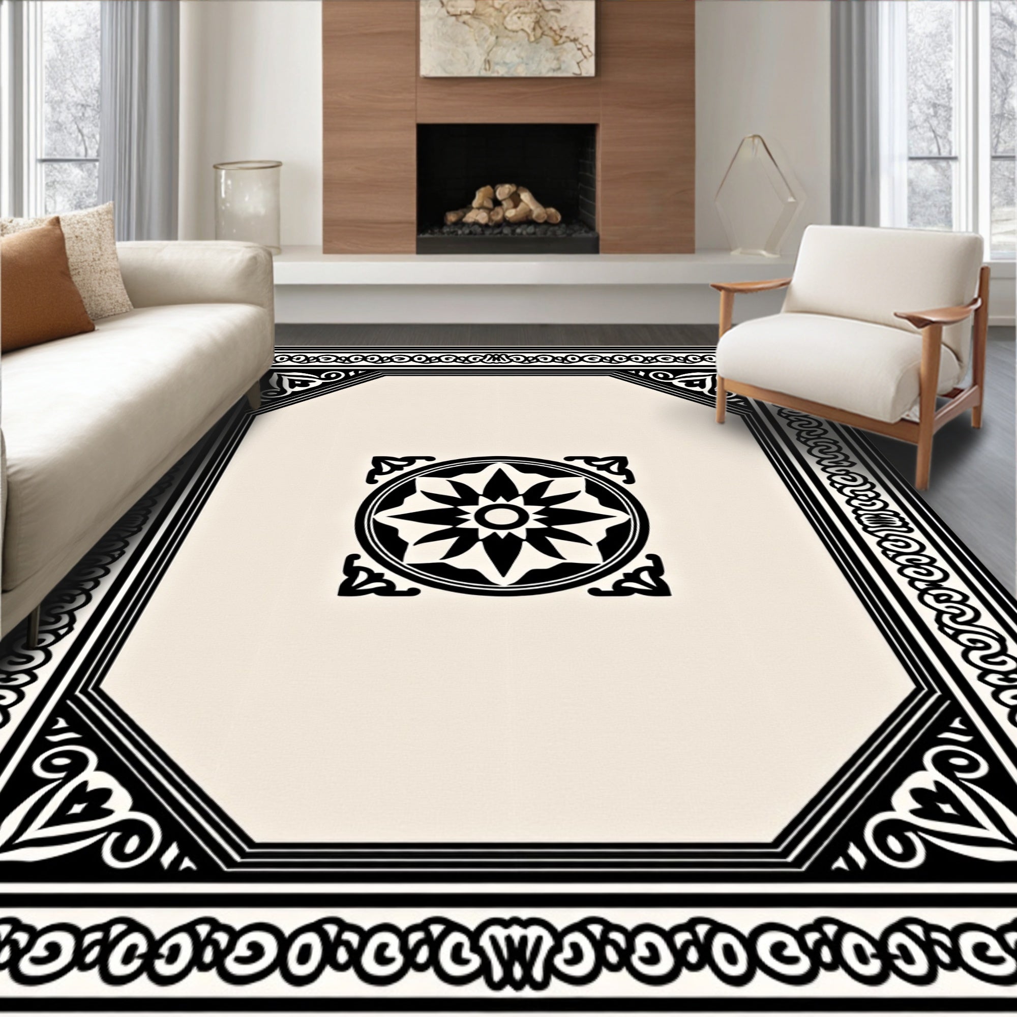 Classic Black Geometric Mandala Rug