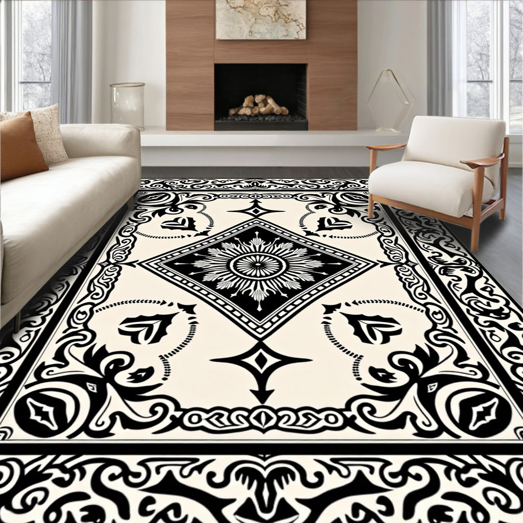Ornate Black Cream Geometric Medallion Rug