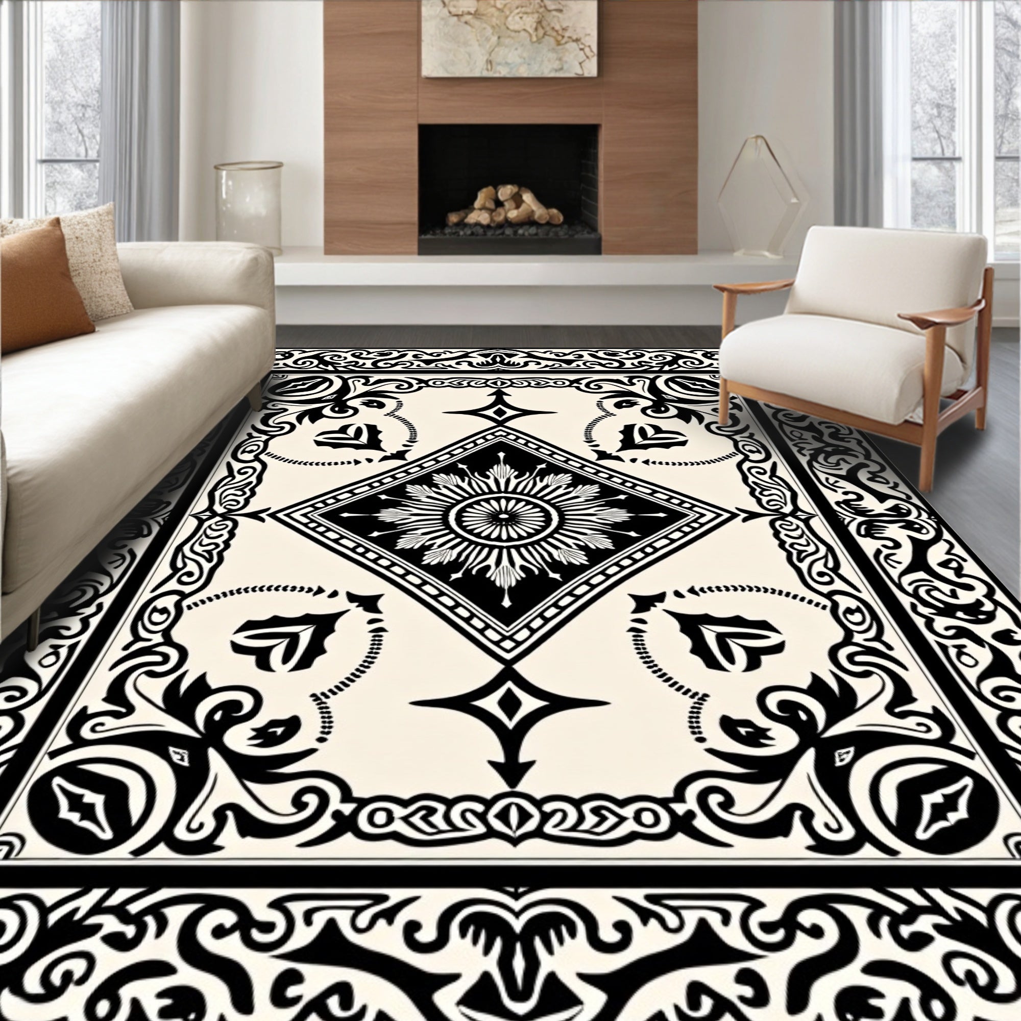 Ornate Black Cream Geometric Medallion Rug