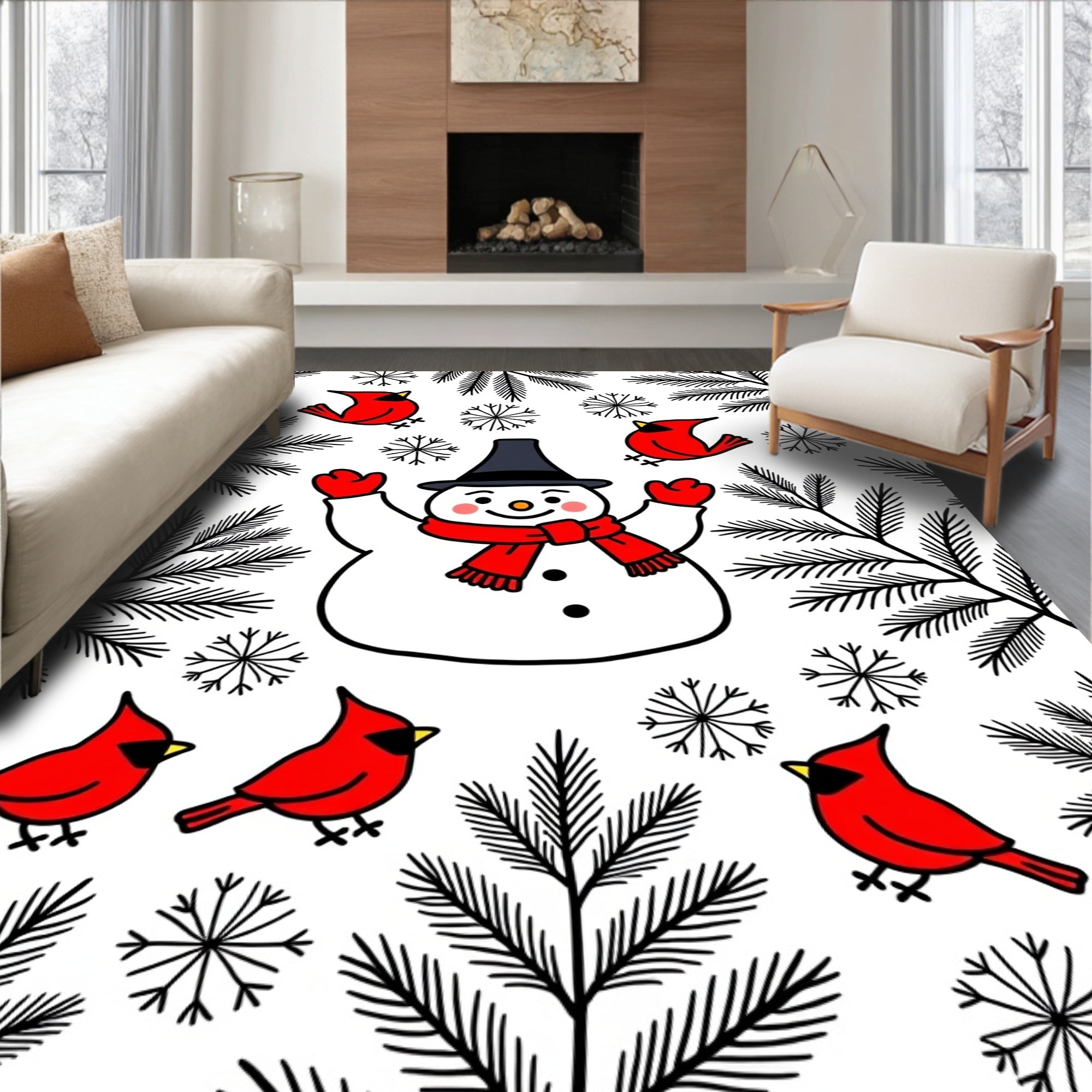 Whimsical Snowman Red Cardinal Winter Scene Rug