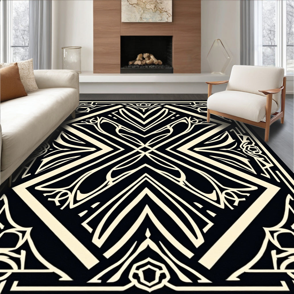 Art Deco Black Cream Geometric Floral Rug