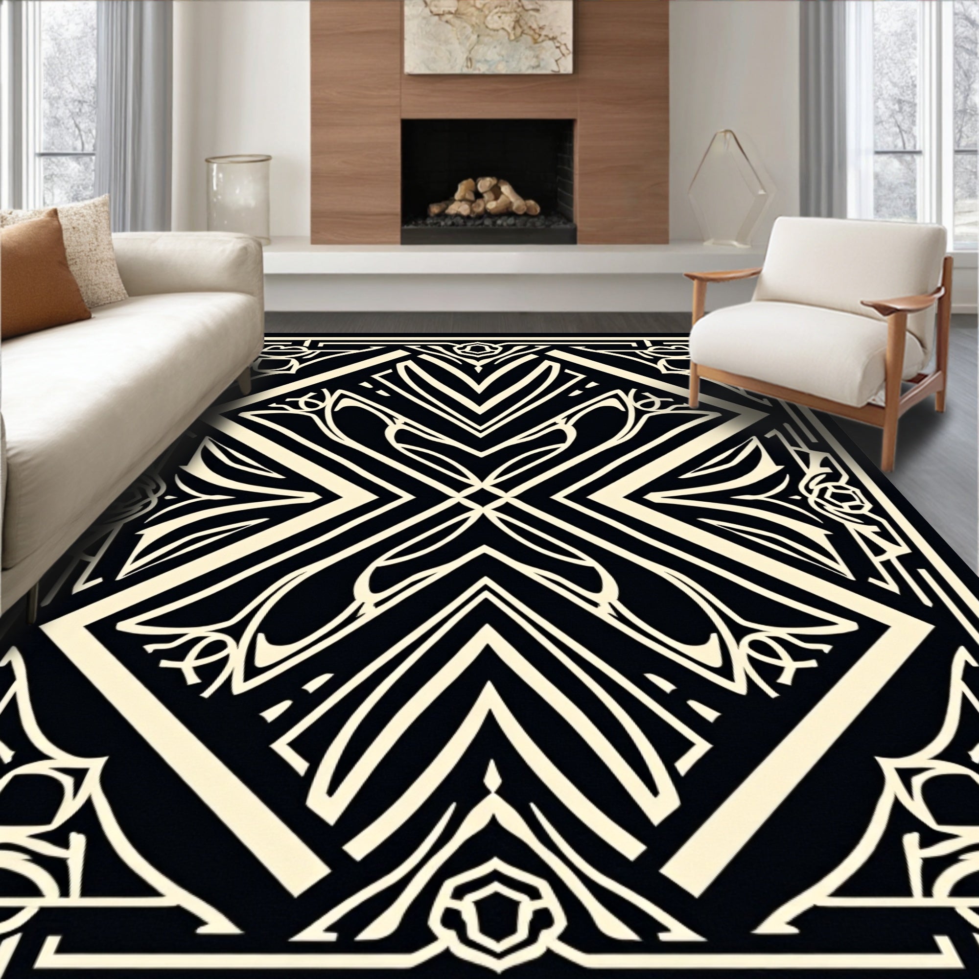 Art Deco Black Cream Geometric Floral Rug